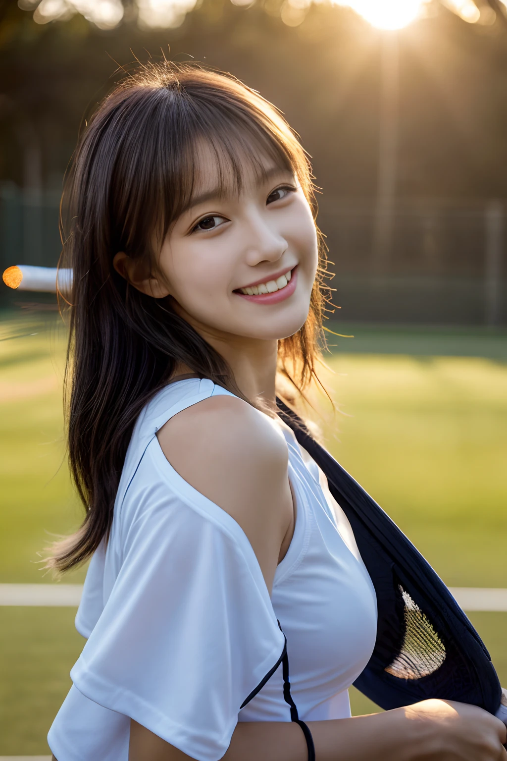 ulzzang -6500-v1.1, (Raw foto:1.2), (Photorealistic:1.4), Beautiful detailed girl, very detailed eyes and face, Beautiful detailed eyes, Laughter, large full breasts, A highly detailed, high resolucion, Very detailed, Best Quality, tmasterpiece, (((Cotton shirt))), Illustration, Very detailed, Realistic tennis courts, Fine details, Best Quality, Very granular, Uniform 8K , light on the face, Cinematic lighting, 1girll, 18 years-old, ((No bra)), ((Dynamic Pose)), (camel toes), (Precise fingers), (Realistic tennis racket, Tennis balls), Tall beauties, ((Splintered breasts, The areol))((brassiere))