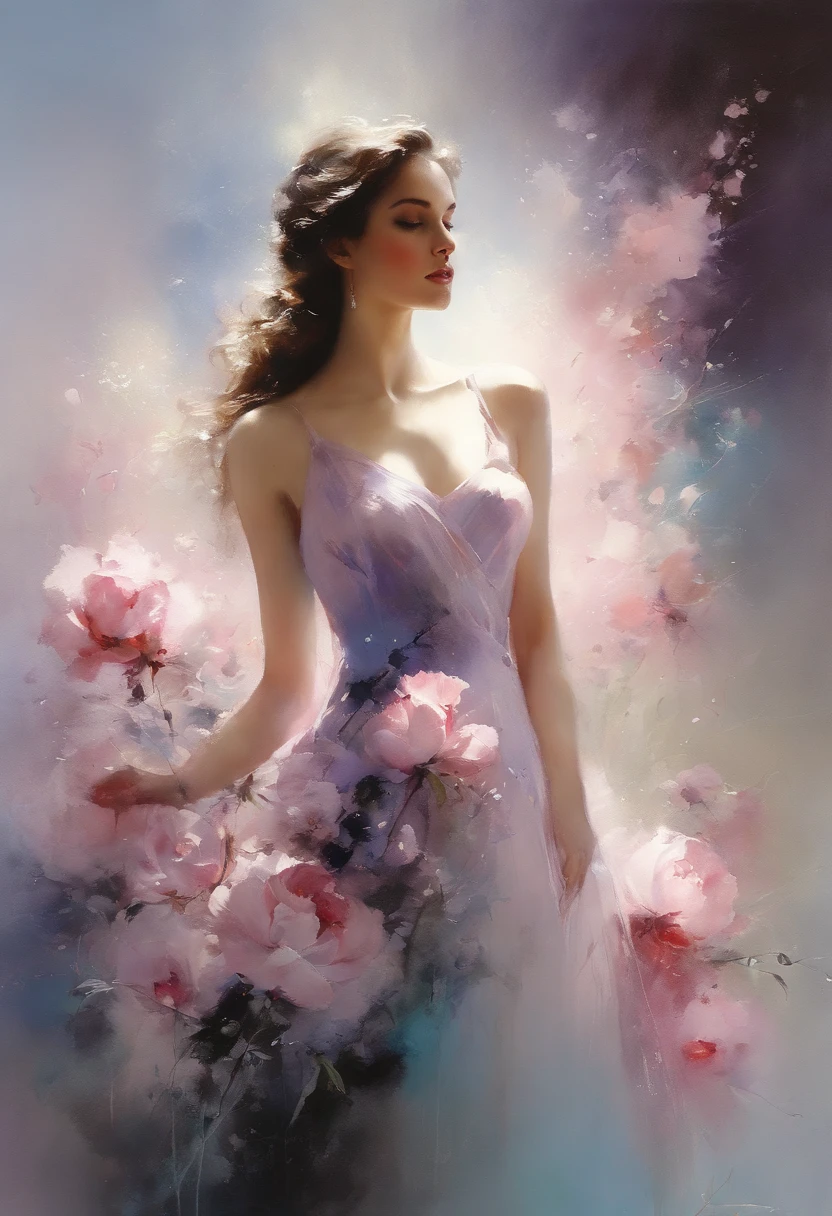 1girl,flower, Lisianthus ,in the style of light pink and light azure, dreamy and romantic compositions, pale pink, ethereal foliage, playful arrangements,fantasy, high contrast, ink strokes, explosions, over exposure, purple and red tone impression , abstract, ((watercolor painting by John Berkey and Jeremy Mann )) brush strokes, negative space,