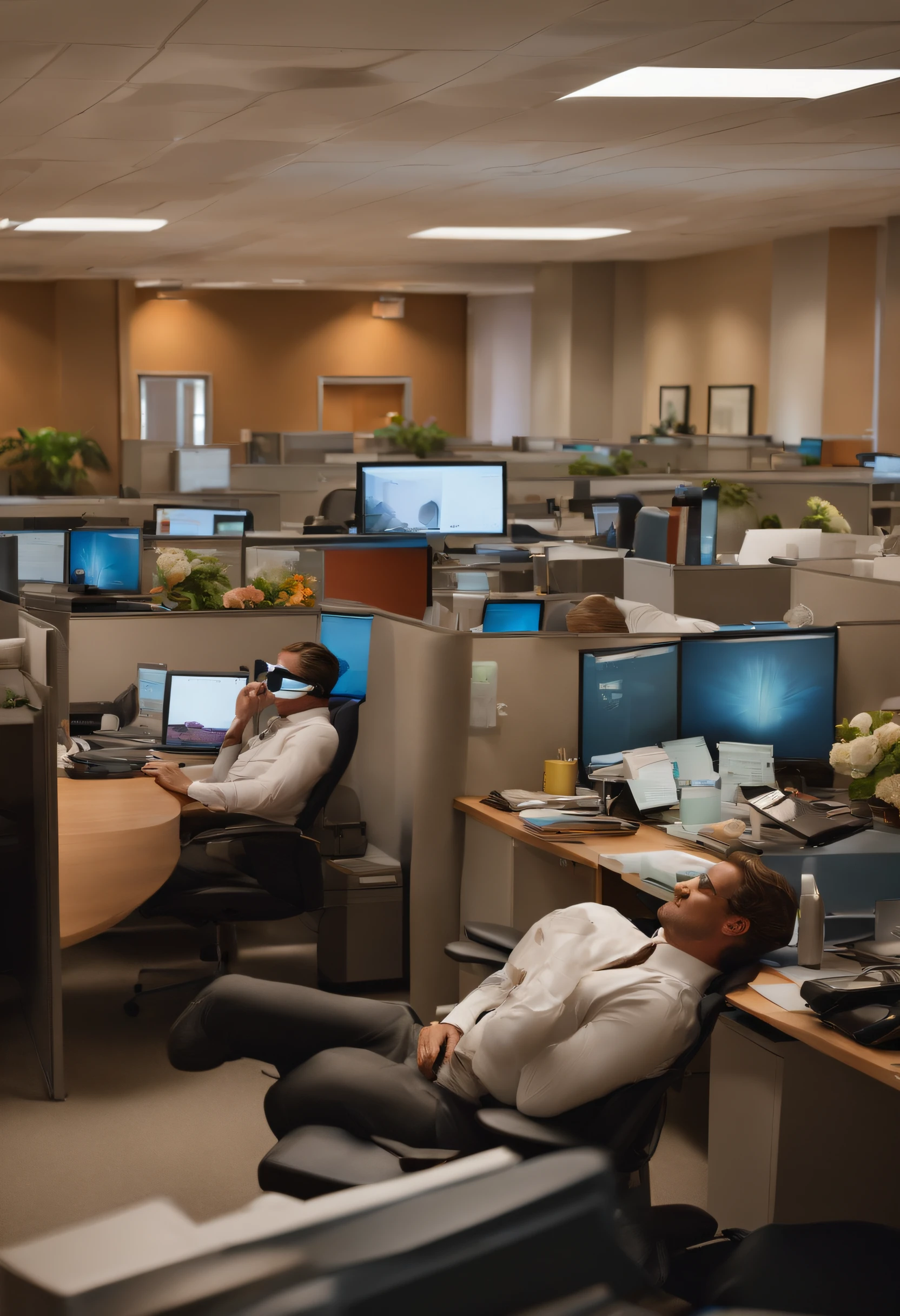 This scene takes place in an ordinary office with employees working at their desks.
Some employees wear sleep masks, have pillows on their desks or are set up in reclining chairs.
The scene should evoke a calm and relaxing work environment where napping is encouraged.