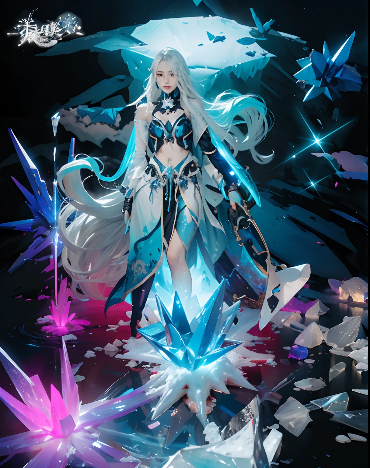 (Jingliu honkai Star rail)),((realistic, photorealistic)),(Steel mask )), Light reflection, (( Blooming white hair )), navel, detached sleeves,((upper body)), (((best quality, masterpiece))), Looking for viewers, Burning ice, blue gradient, ice element, Standing on a  ice rock, ice debris, blue aura,The moon is covered in clouds,sword, ice land broke,,Blue element, ice smoke, Snow shards,Standing on ice,The ice crystal rock shattere,Standing on ice crystals,Hair loose