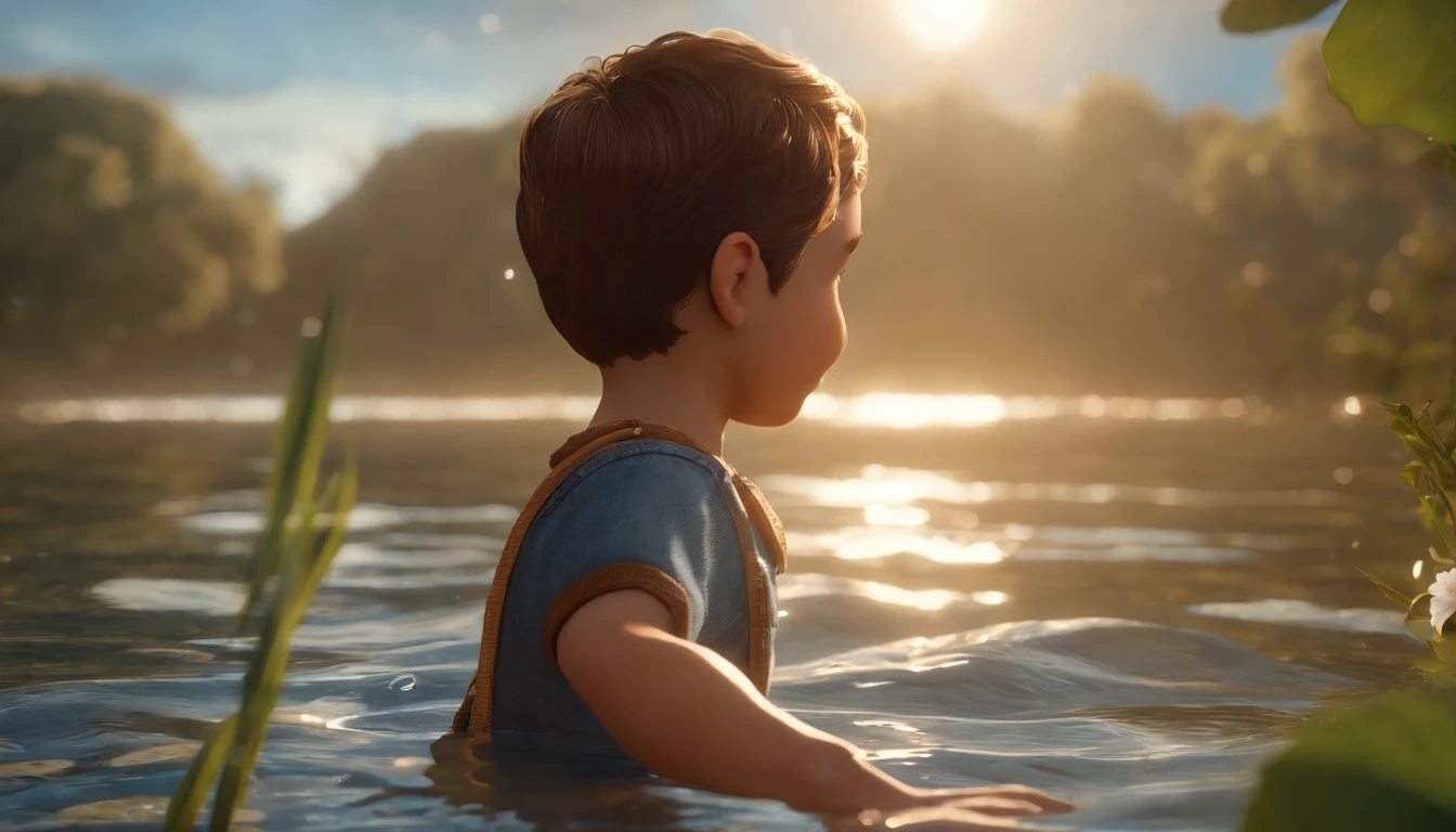 movie picture quality,style of disney animation,A swims in the sea with a koi in his arms,short detailed hair,Denim suspenders,The barefoot,depth of fields,high light,Real light,Ray traching,oc rendered,Hyper-realistic,best qualtiy,8K,Works of masters,super-fine,Detailed pubic hair,Correct anatomy,sharp focus on eyes,Bokeh,Facial features are carefully depicted