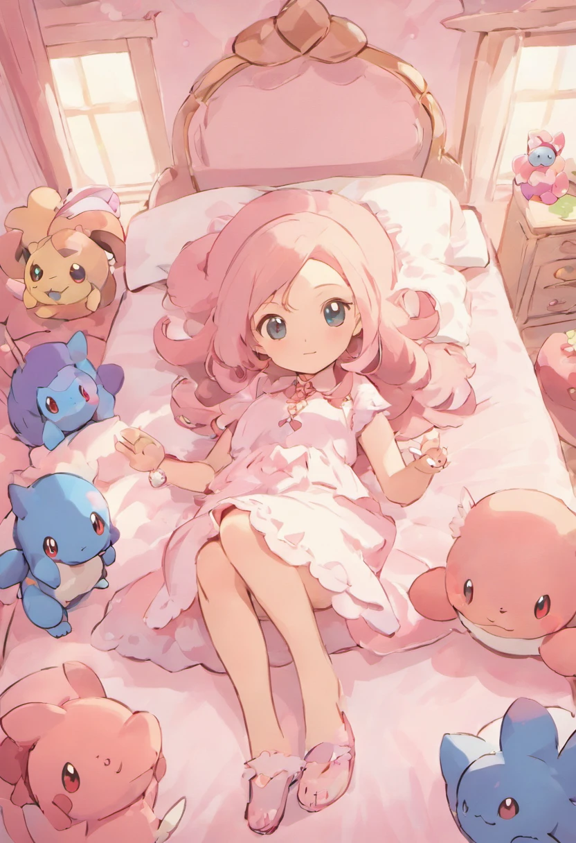 1 girl de 12 anos , de cabelos castanhos , e olhos castanhos , centada na cama do seu quarto, The room is pink , 1 12 year old girl in bed surrounded by her favorite stuffed dolls who are 7