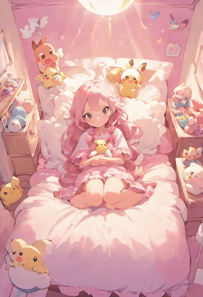 1 girl de anos , de cabelos castanhos , e olhos castanhos , centada na cama do seu quarto, The room is pink , 1 12irl in bed surrounded by her favorite stuffed dolls who are 7