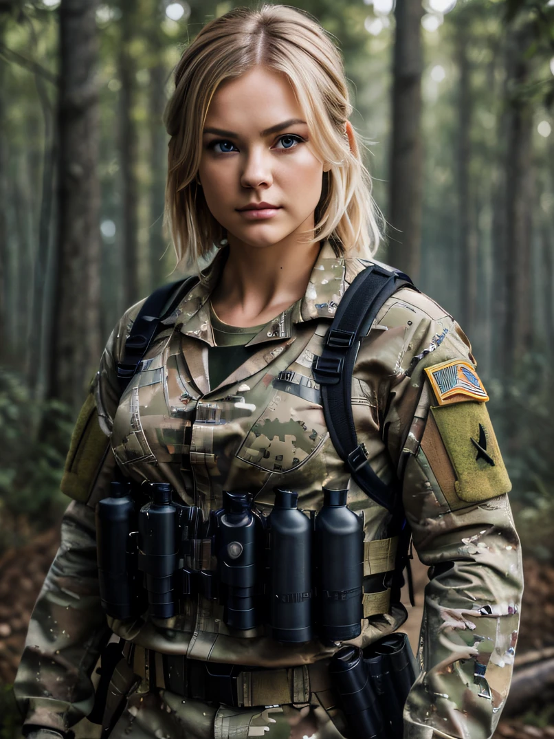 ((masterpiece、ultra fine photos、top-quality、超A high resolution、Photorealsitic、foco nítido、(bustshot、Focus from the chest up、Beautiful Female Soldier)))、delicated face、((fair white skin、blue eyess、Blonde Shorthair))、Military Cap、Army camouflage uniform、Camouflage long trousers、Black combat gloves、rucksack、Black Tactical Vest、Detailed face and chest depiction、Detailed hand depiction、combat pose、Dynamic action、in woods、White smoke、watching at viewers