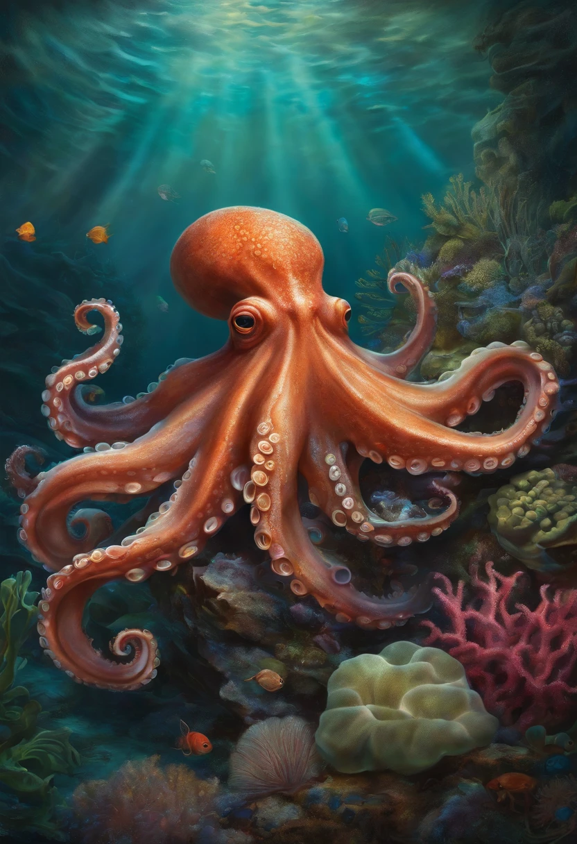 Progressive cover albums, Curious oil painting of an octopus's underwater habitat and its mysterious charm, coral, wizard