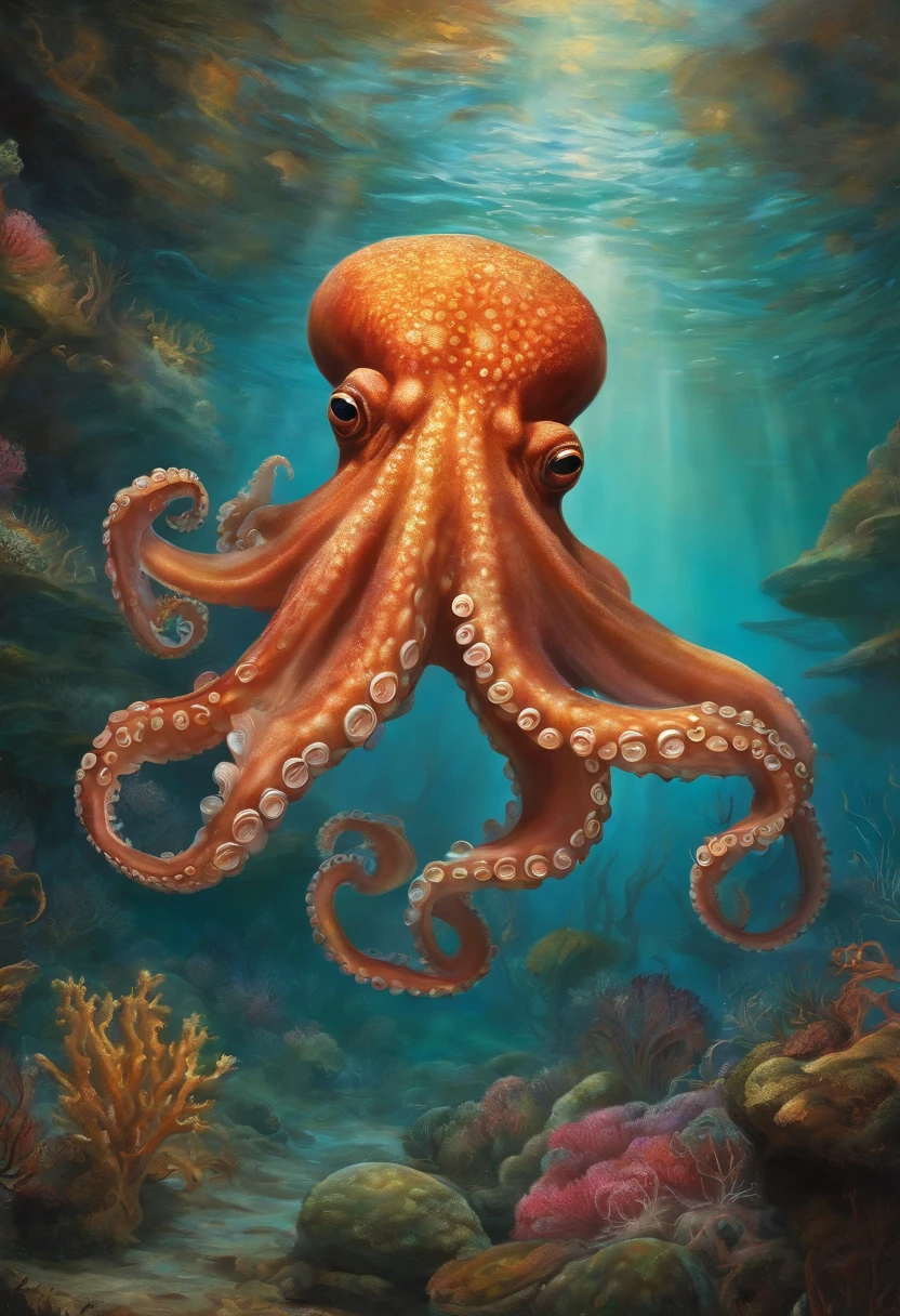 (In the water), (octopus:1.3), colorful coral reef ,In the water, Coral, Crystal clear water, ,sun rays ,Detailed marine plants, Vibrant colors, Quiet atmosphere, Calm, swaying seaweed ,A dazzling array of colors , (Highest quality,High resolution:1.2), (In the water photography), (Vibrant), (Soft and diffuse lighting)