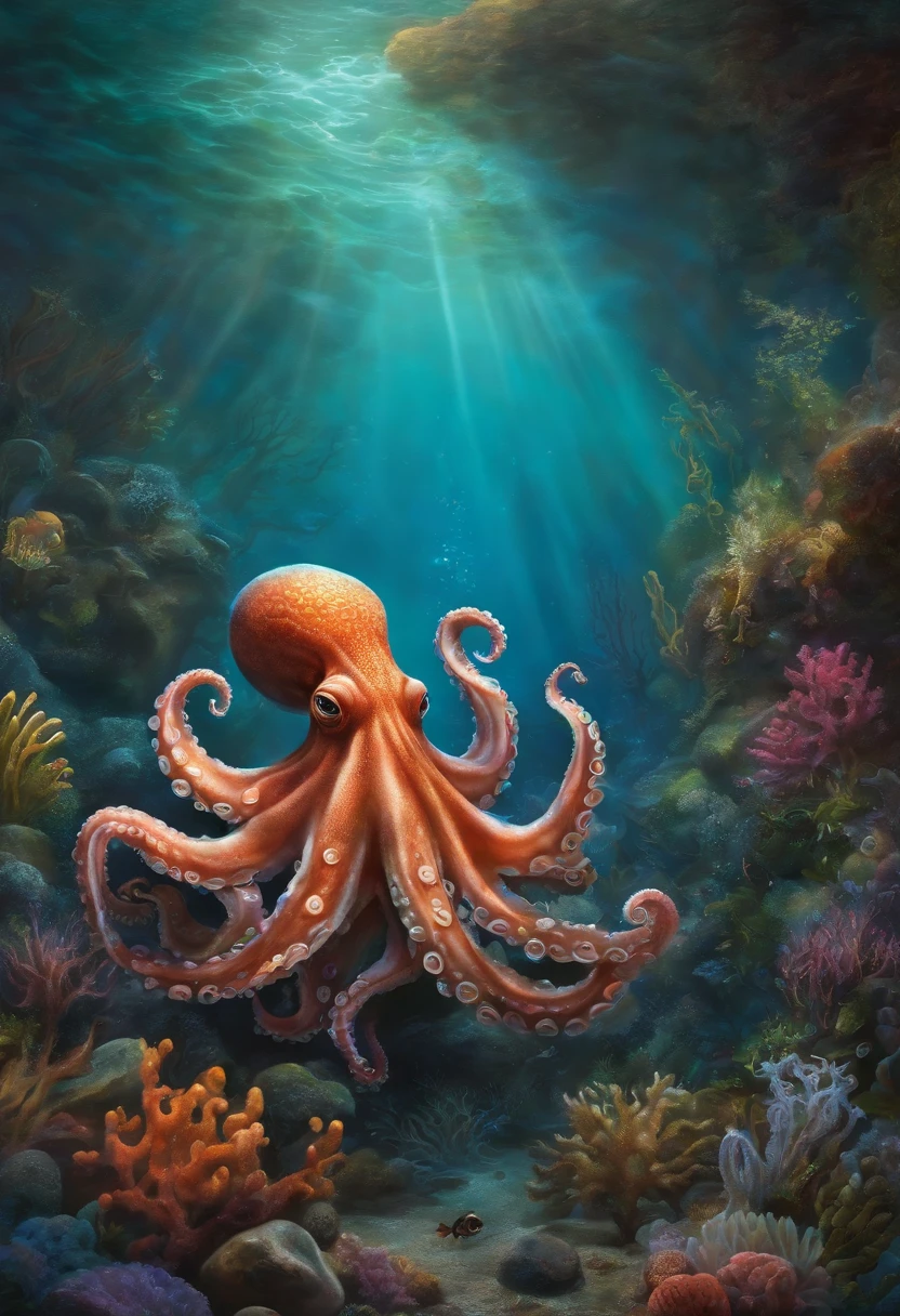 Progressive cover albums, Curious oil painting of an octopus's underwater habitat and its mysterious charm, coral, wizard
