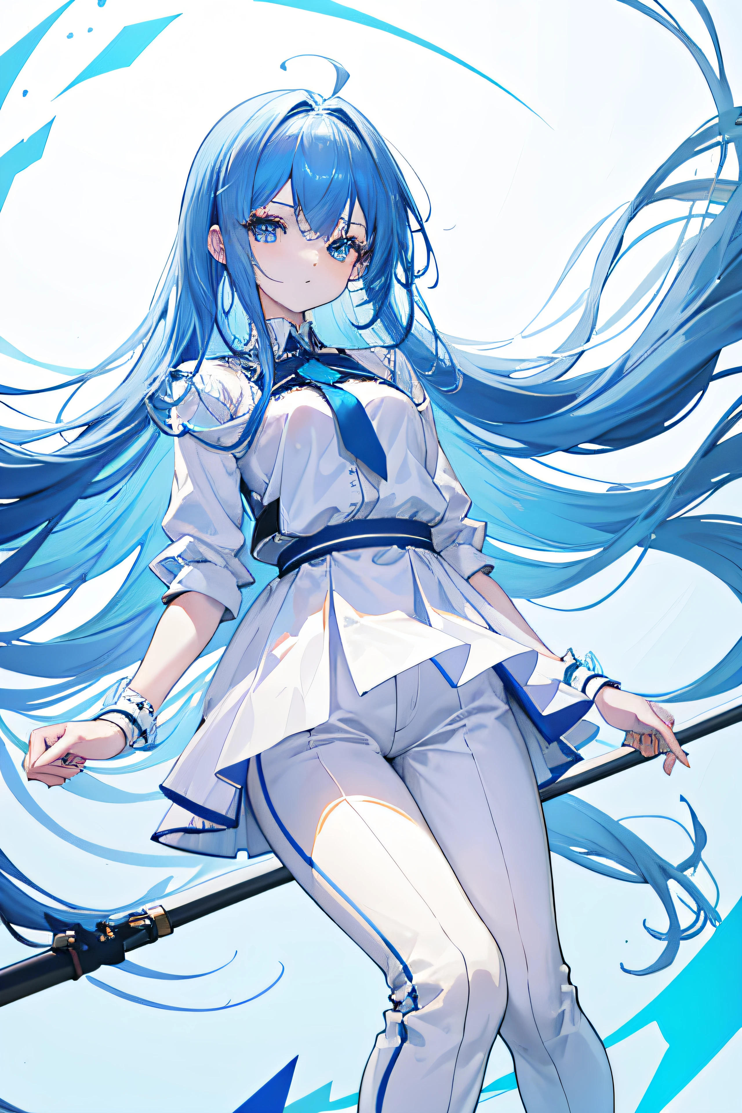 1 girl, long blue hair, blue eyes, plain white shirt, light blue pants, dark blue background, absurdres, high res, ultrasharp, 8K, masterpiece, looking at viewer
