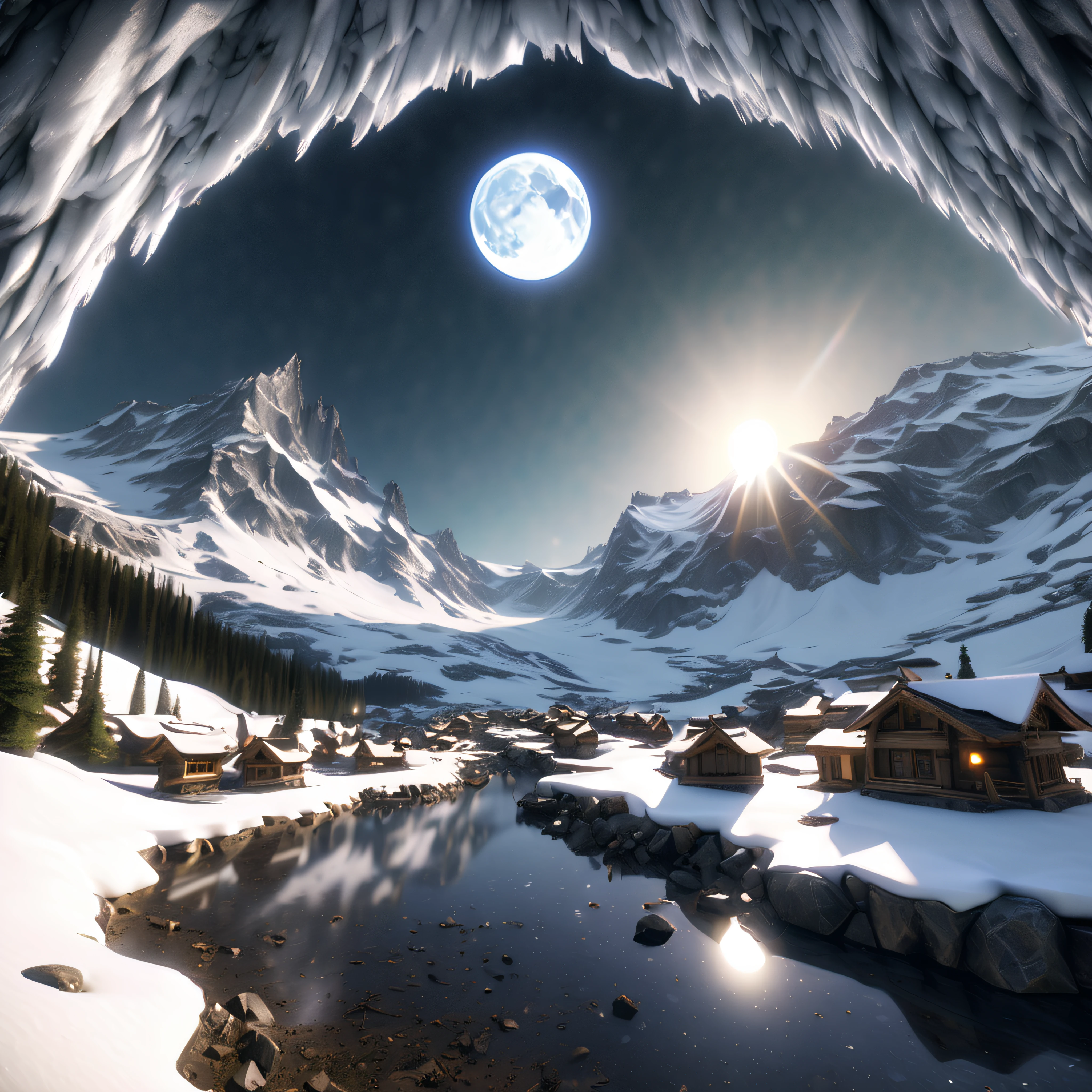 Snow mountain, glacier, night view, full moon، wolfs, beautiful weather snowflakes, waterfall woodland Masterpiece:2 epic deep path equirectangular 8K UHD NVIDIA RTX RENDERING, RAY TRACING, DLSS 3 EFFECTS CINEMATIC EFFECTS, luminescence volumetric lightning contrast global illumination saturate ultra_high-resolution meticulously intricate analogique pro-photo-realistic ultra_high-quality ultra_high-detail optimal accurate cgi vfx sfx reflex 3dcg max color-coded extreme improved Octane_rendered UHD XT3 64K 32K 16K 8K DSLR HDR unrealengine5 romm rgb pbr 3dcg fxaa blu-ray fkaa txaa rtx ssao enhanced ultra_sharpness