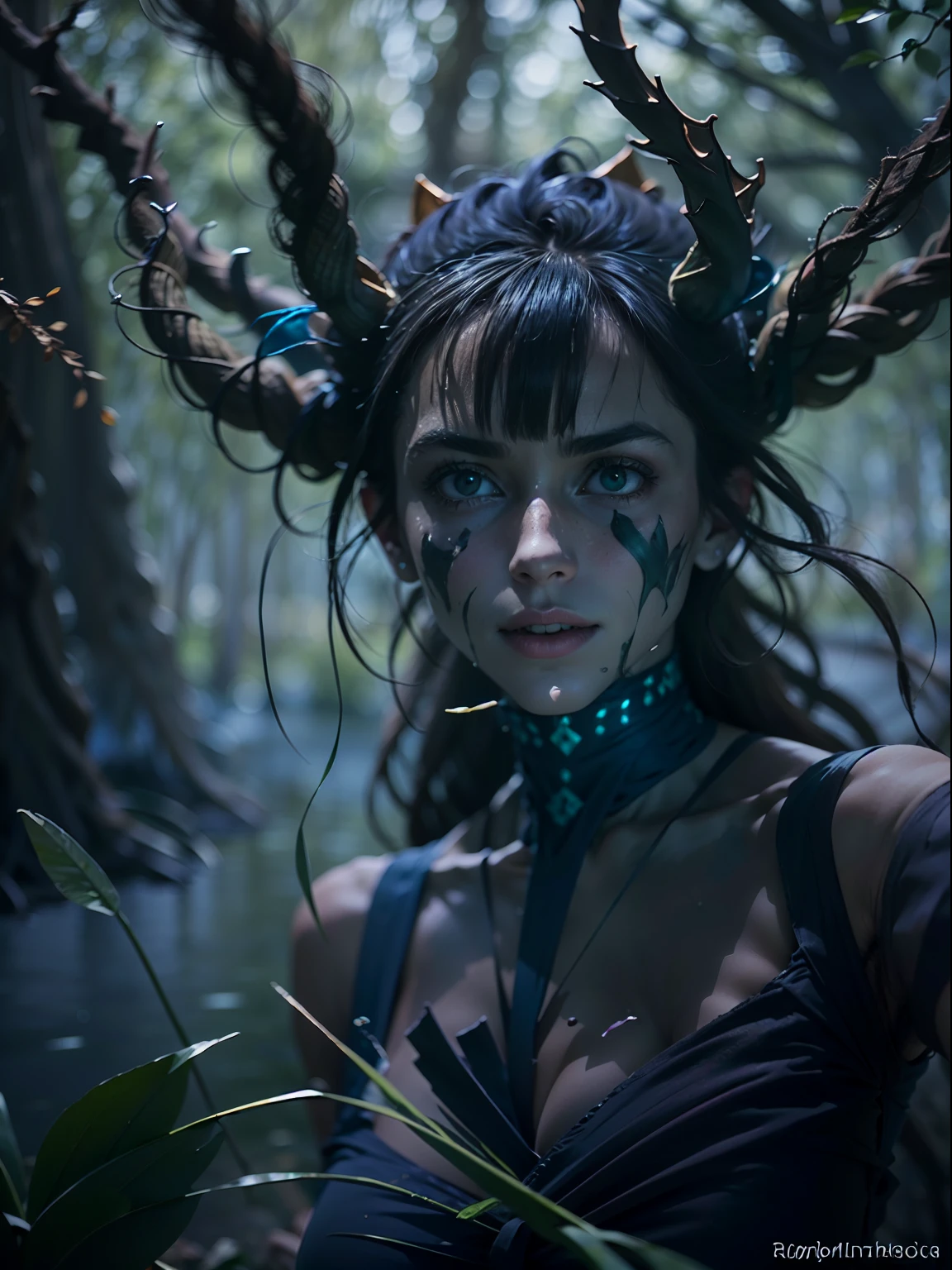 In a horrible fairytale swamp under the moonlight, A demon negotiates with a traveler, (melhor qualidade,4k,8k,high resolutions,obra prima:1.2),ultra detalhado,(realista,fotorrealista,fotorrealista:1.37), DarkFantasy, atmosfera assombrosa, Mystical fog, Twisted tree roots, Cogumelos brilhantes misteriosos, Cloudy green water, Rochas musgosas, Ripples on the surface, Reflexos sutis do luar, Sinister demon silhouette, Sharp and menacing features, olhos vermelhos brilhantes, Ghostly pale skin, Tatuagens intrincadas, malevolent smile, Viajante alto e elegante, roupas usadas, Determined expression, Tocha piscando no alto, Mystical artifacts, Ancient parchment with cryptic symbols, Sussurros assustadores, Heavy air full of tension, Luz de velas fraca, Misty ethereal figures lurking in the background, Sombras perturbadoras projetadas pela luz da lua, Ambiente suspenso.