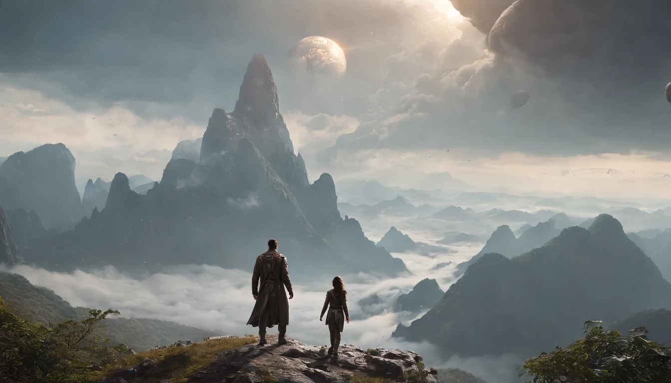 A couple Fighter Spaceship flying over a silhouette of a father and daughter from Vietnam who are standing on a mountain with the wind blowing the daughters hair and the fathers jacket, concept art wallpaper 4k, sci-fi fantasy wallpaper, sci fi artwork, detailed sci-fi art, beautiful sci fi art, spaceships in the cloudy sky, concept art artwork masterpiece, concept art 4k, concept art 4 k, sci fi concept art, mystical sci-fi concept art