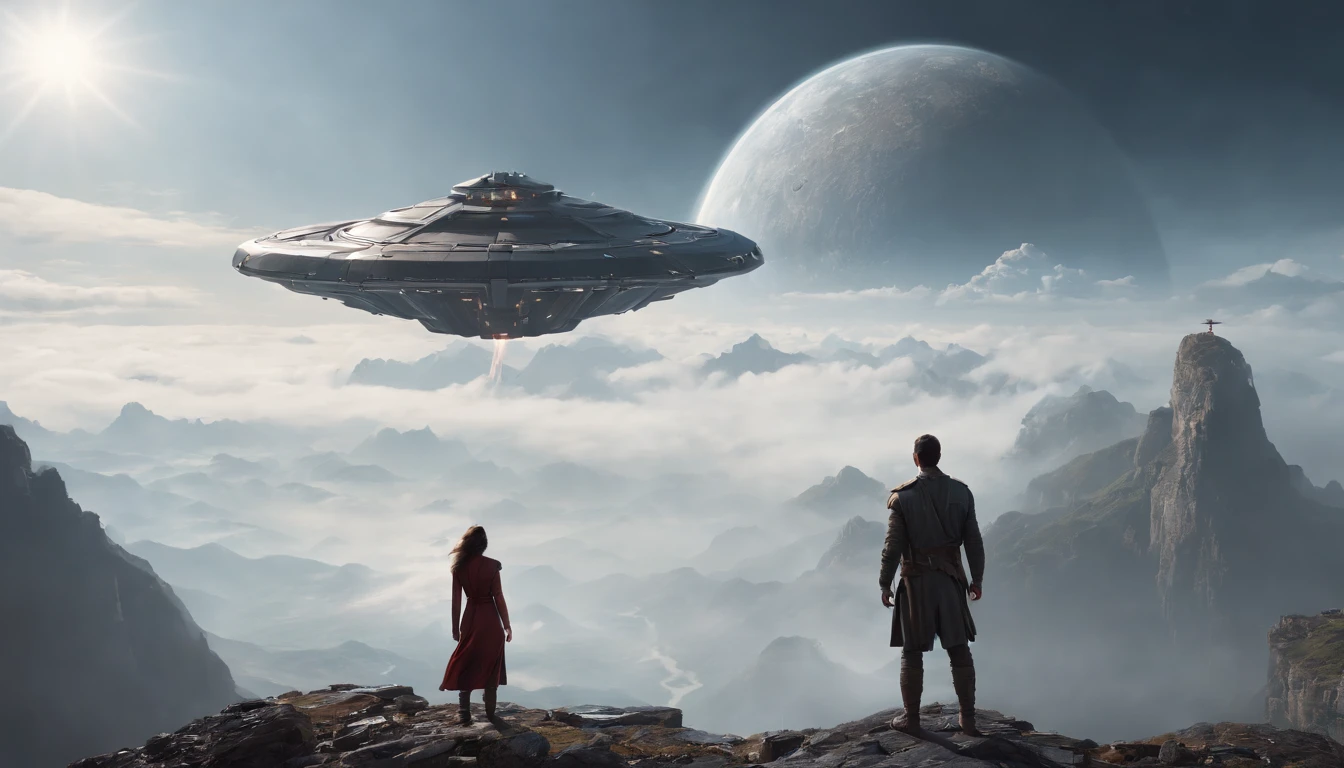 A couple Fighter Spaceship flying over a silhouette of a father and daughter from Vietnam who are standing on a mountain with the wind blowing the daughters hair and the fathers jacket, concept art wallpaper 4k, sci-fi fantasy wallpaper, sci fi artwork, detailed sci-fi art, beautiful sci fi art, spaceships in the cloudy sky, concept art artwork masterpiece, concept art 4k, concept art 4 k, sci fi concept art, mystical sci-fi concept art