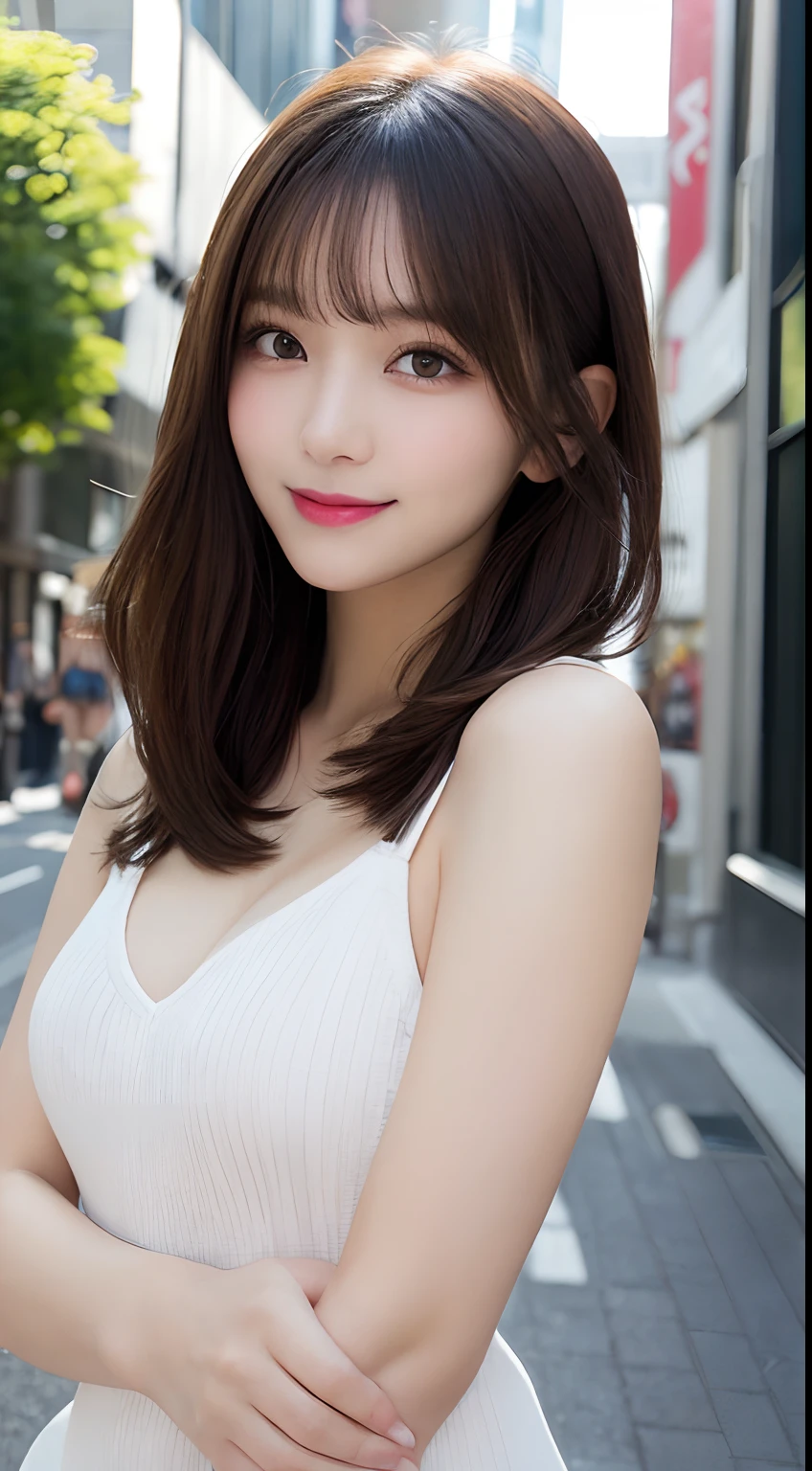 masutepiece, Best quality, illustration, Ultra-detailed, finedetail, A high resolution, 8K wallpaper, Perfect dynamic composition, Beautiful detailed eyes, Women's Summer,Medium hair,Small breasts with natural color lips, Bold sexy pose,Smile,Harajuku、20 years girl、Cute、Look at the sexy shots of the lens