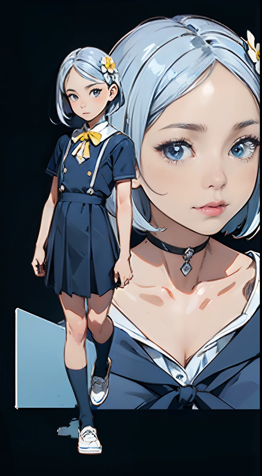 (masterpiece, 4k ,ultra detailed:1.2),(beautiful face:1.2),(anime:1.2),illustration,(solo:1.2),(looking at viewer:1.4),portrait,(supermodel:1.3),(blue school uniform:1.3),(tight school uniform:1.3),(white hair),yo,(simple choker:1.1),(yellow panties),(string,abs,smartphone,chmall breasts,petite:1.1),(sfw,nipple,flat chest,un dress,:1.4),(from below),(full body:1.2),(flower hair ornament),(multi view:1.3)