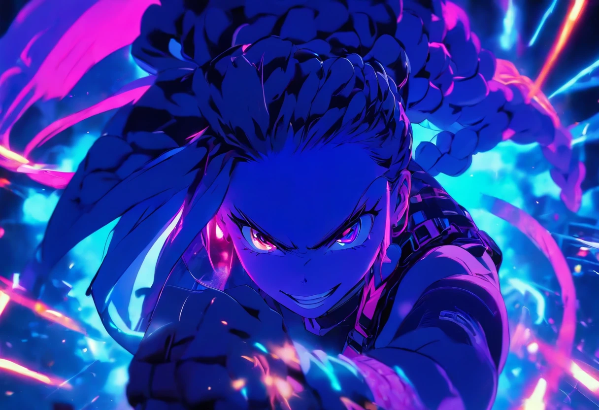 Anime Girl Shadow Fluoresente Hair Braid, Neon Blue Neon Purple Neon,jinkesi_quan jinkesi_lian high quality,Psychotic smile,Hand held side-by-side gun firing.,gun