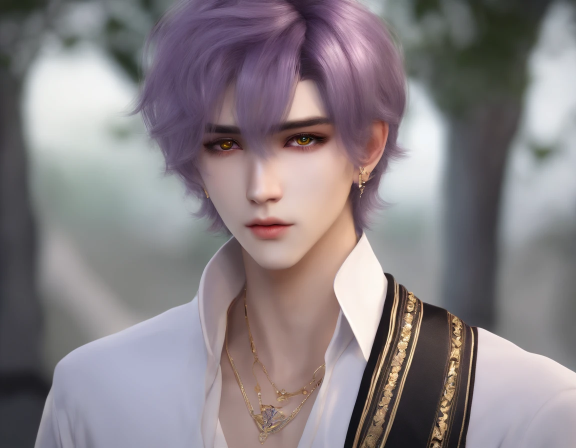 Standing Picture,Neutral adolescents,Human man,with an intricate,full bodyesbian,purple color  hair,Golden eyes,short-hair, Professional Photos,  Photographed so that the whole body can be seen, By Fedman with a necklace, inspired by Sim Sa-jeong, androgynous vampire, :9 detailed face: 8, extra detailed face, Detailed shorthair, ((Gray)) baggy eyes, Seductive. Highly detailed, semi realistic anime, Vampires, hyperrealistic teen, delicate androgynous prince, imvu, Bright purple hair, Golden pupils, Cool Korean fashion in black short sleeve t-shirt, Hiding both eyes with bangs, I can't see both eyes with bangs, Long bangs, short hair above the ears, Glaring expression, Wild look, looking distantly, high-level image quality, ​masterpiece, ((1 male human))