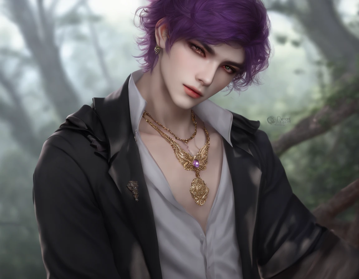 Standing Picture,Neutral adolescents,Human man,with an intricate,full bodyesbian,purple color  hair,Golden eyes,short-hair, Professional Photos,  Photographed so that the whole body can be seen, By Fedman with a necklace, inspired by Sim Sa-jeong, androgynous vampire, :9 detailed face: 8, extra detailed face, Detailed shorthair, ((Gray)) baggy eyes, Seductive. Highly detailed, semi realistic anime, Vampires, hyperrealistic teen, delicate androgynous prince, imvu, Bright purple hair, Golden pupils, Cool Korean fashion in black short sleeve t-shirt, Hiding both eyes with bangs, I can't see both eyes with bangs, Long bangs, short hair above the ears, Glaring expression, Wild look, looking distantly, high-level image quality, ​masterpiece, ((1 male human))