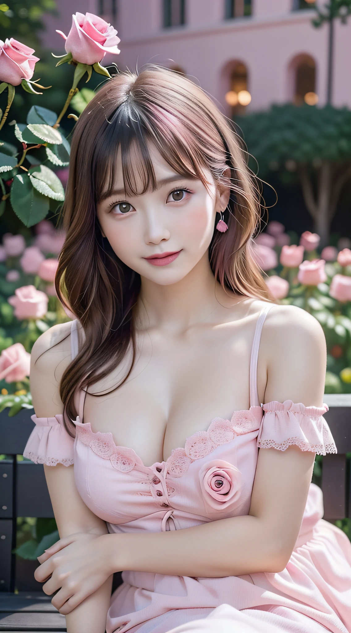 1girl, Amazing face and eyes, (extremely detailed beautiful face), smile slightly, (big round eyes), (Short white lace dress with open chest), (bare shoulders:1.3), (Hug your big breasts:1.3), (Best Quality:1.4), (Ultra-detailed), (Ultra realistic, photo-realistic:1.37), beautiful fair skin, extremely detailed CG unified 8k wallpaper, raw photos, professional photograpy, cinematic lighting, (pink rose garden:1.5), (Surrounded by so many pink rose:1.5), sitting, bench, Spread your legs wide open, panties, Inner thigh, Staring at me, fashionable, trendy, Clear skies,