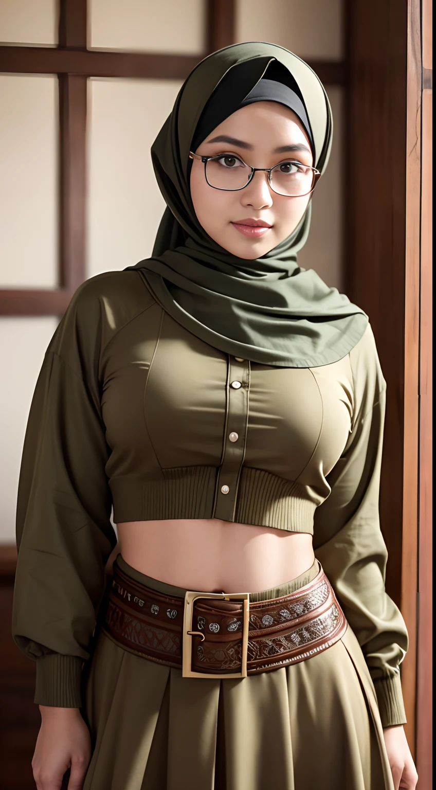 cowboy_shot,(iu:0.8),cleavage, RAW, Best quality, high resolution, Masterpiece: 1.3, Beautiful glasses pearl_skinned hijabi javanese wearing sexy military top and skirt, Masterpiece, Soft smile