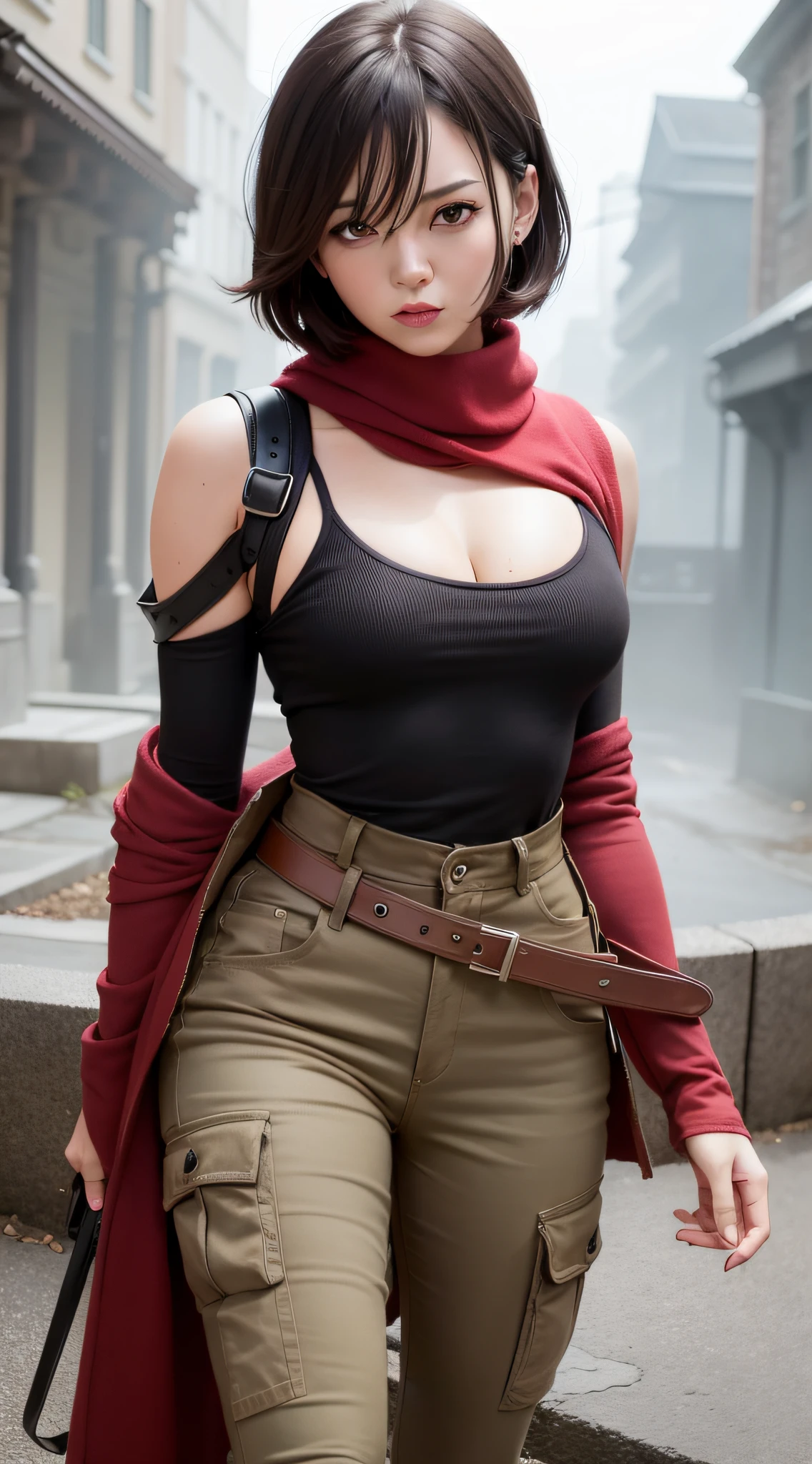 aot style, shingeki no kyojin, Mikasa Ackerman,cleavage，Off-the-shoulder clothing，Cut shirt 1 girl, arm strap, Bangs, Black hair, Black pants, breasts, Cowboy Shot, embers, Green eyes, greybackground, hair between eye, Harnes, Long sleeves, Looking at Viewer, medium breasts, Pants, red scarf, scarf, Shirt, Short hair, Smoke, Solo, Thigh strap, Brown jacket, White shirt, Survey Team \(emblem\) , ((masutepiece)), Best Quality ,
,