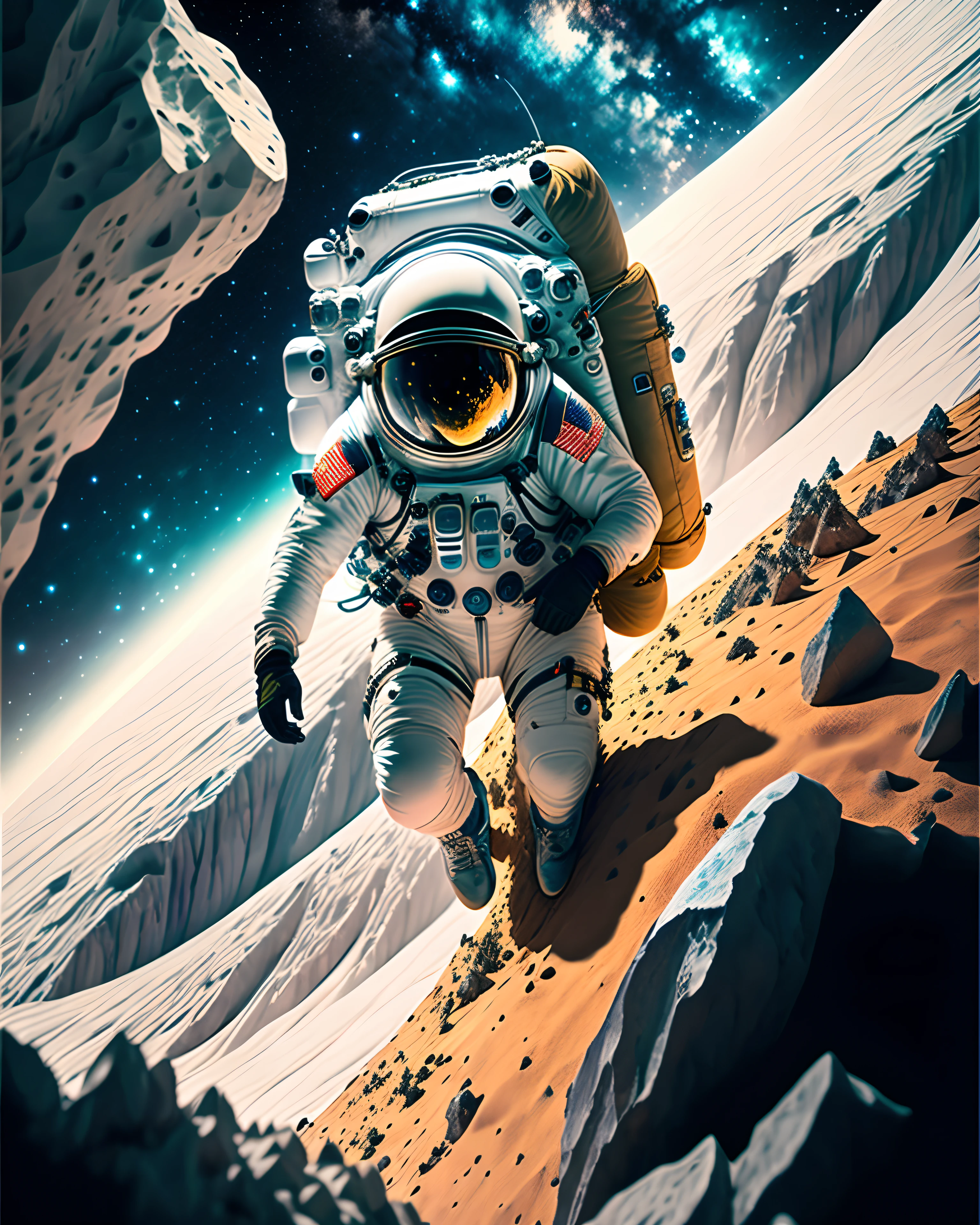 The astronaut，space，climbing the asteroid，the detail，Extreme，kosmos，astrophotography