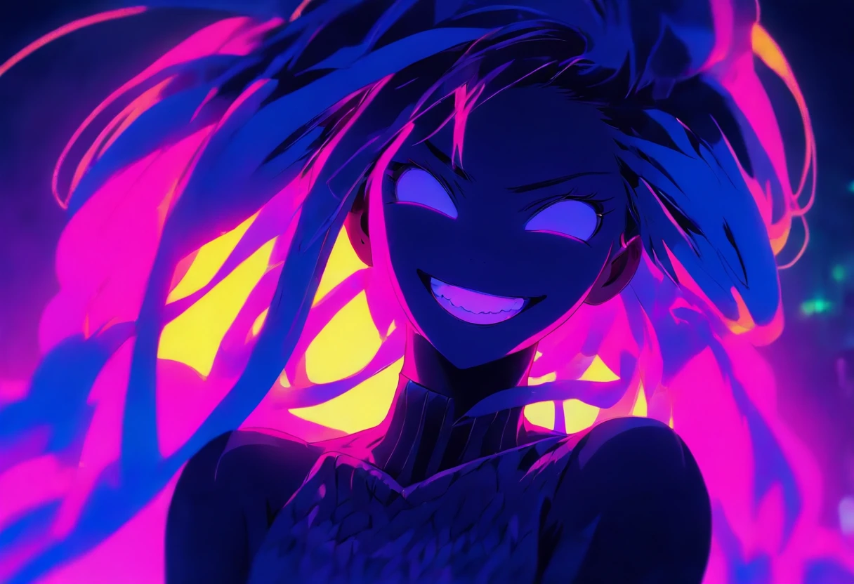 Anime Girl Shadow Fluoresente Hair Braid, Neon Blue Neon Purple Neon,jinkesi_quan jinkesi_lian high quality,Psychotic smile,Sensitive face、delicate figure、Thin collarbone ,
