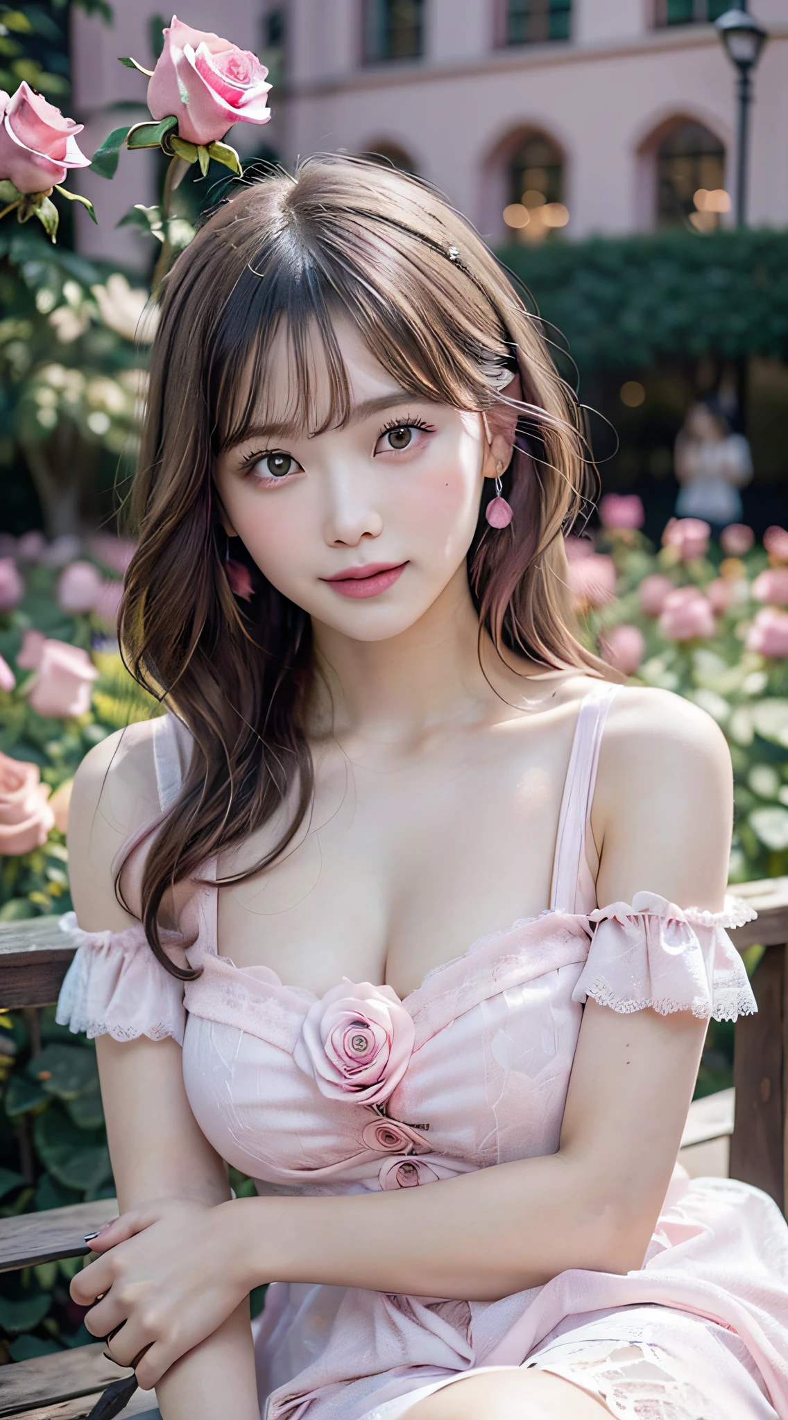 1girl, Amazing face and eyes, (extremely detailed beautiful face), smile slightly, (big round eyes), (Short white lace dress with open chest), (bare shoulders:1.3), (Hug your big breasts:1.3), (Best Quality:1.4), (Ultra-detailed), (Ultra realistic, photo-realistic:1.37), beautiful fair skin, extremely detailed CG unified 8k wallpaper, raw photos, professional photograpy, cinematic lighting, (pink rose garden:1.5), (Surrounded by so many pink rose:1.5), sitting, bench, Spread your legs wide open, panties, Inner thigh, Staring at me, fashionable, trendy, Clear skies,