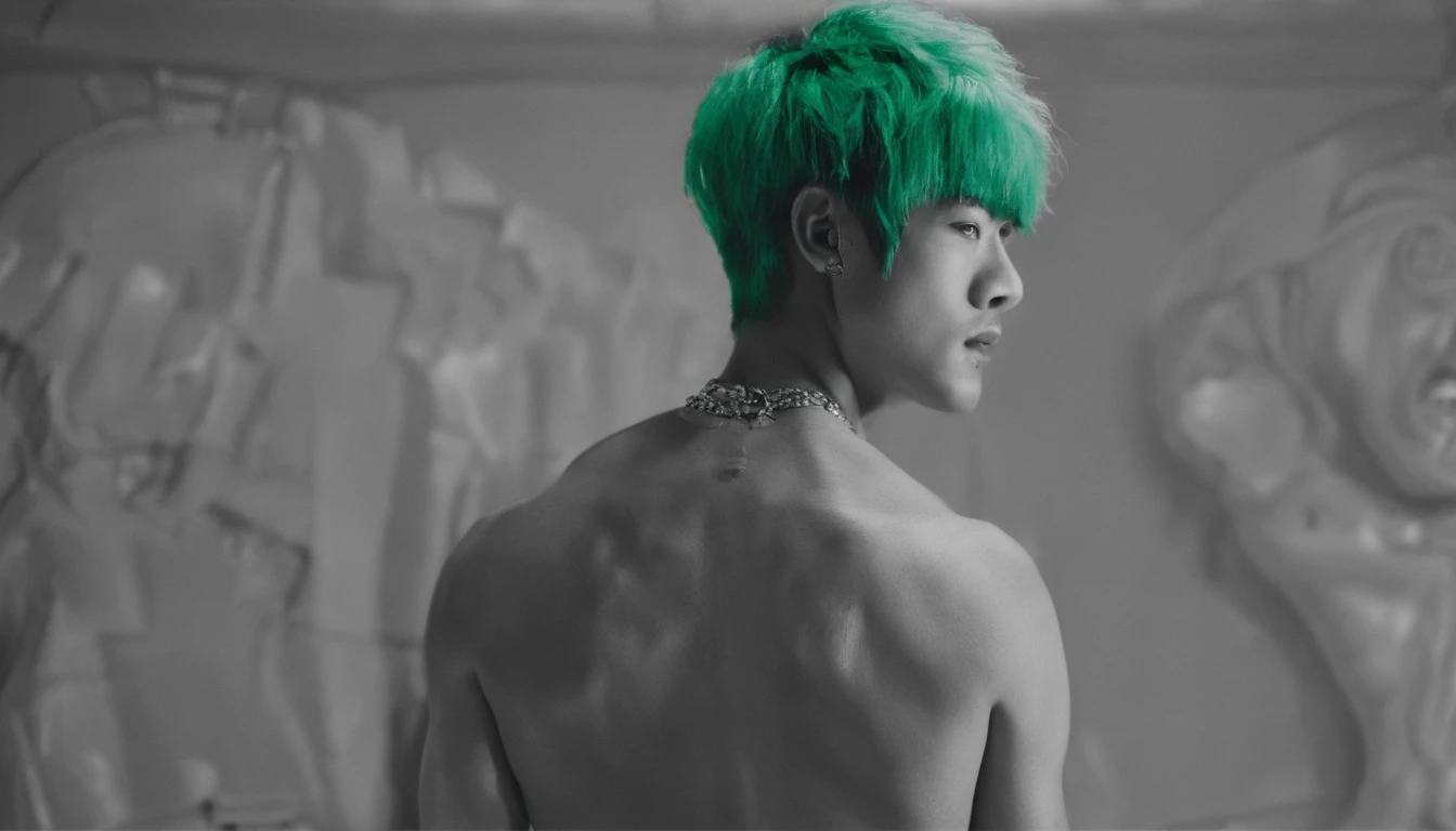 Handsome boy green hair boy shirtless body tone R korean Kpop idol photo, Ilford HP5, 80mm,lie on one's side