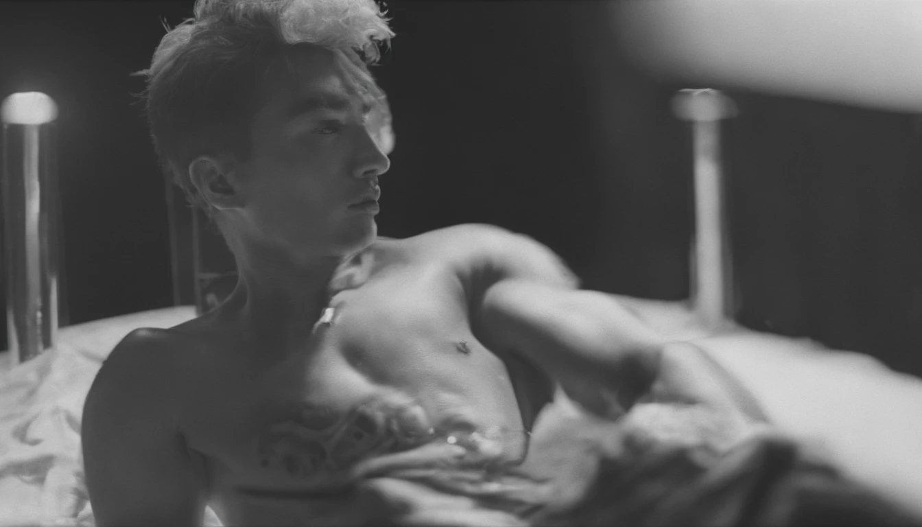 Handsome boy green hair boy shirtless body tone R korean Kpop idol photo, Ilford HP5, 80mm,lie on one's side