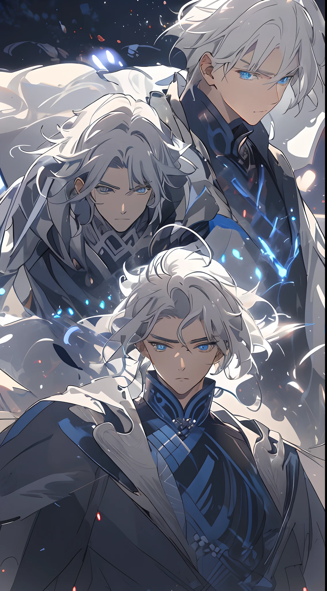 tmasterpiece，Need，超高分辨率，shoun，Silver armor，scutes，Cloak，musculature，(Short silver-gray hair)，blue color eyes，Libido boy,scales，Clouds，Dark skin
A character stands in front of a blonde goddess，cleanness