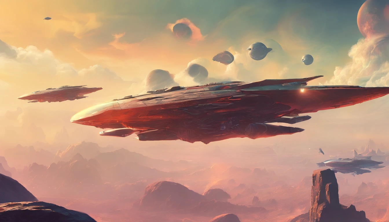 A couple Fighter Spaceship flying over a silhouette of a father and daughter from Vietnam who are standing on a mountain with the wind blowing the daughters hair and the fathers jacket, concept art wallpaper 4k, sci-fi fantasy wallpaper, sci fi artwork, detailed sci-fi art, beautiful sci fi art, spaceships in the cloudy sky, concept art artwork masterpiece, concept art 4k, concept art 4 k, sci fi concept art, mystical sci-fi concept art