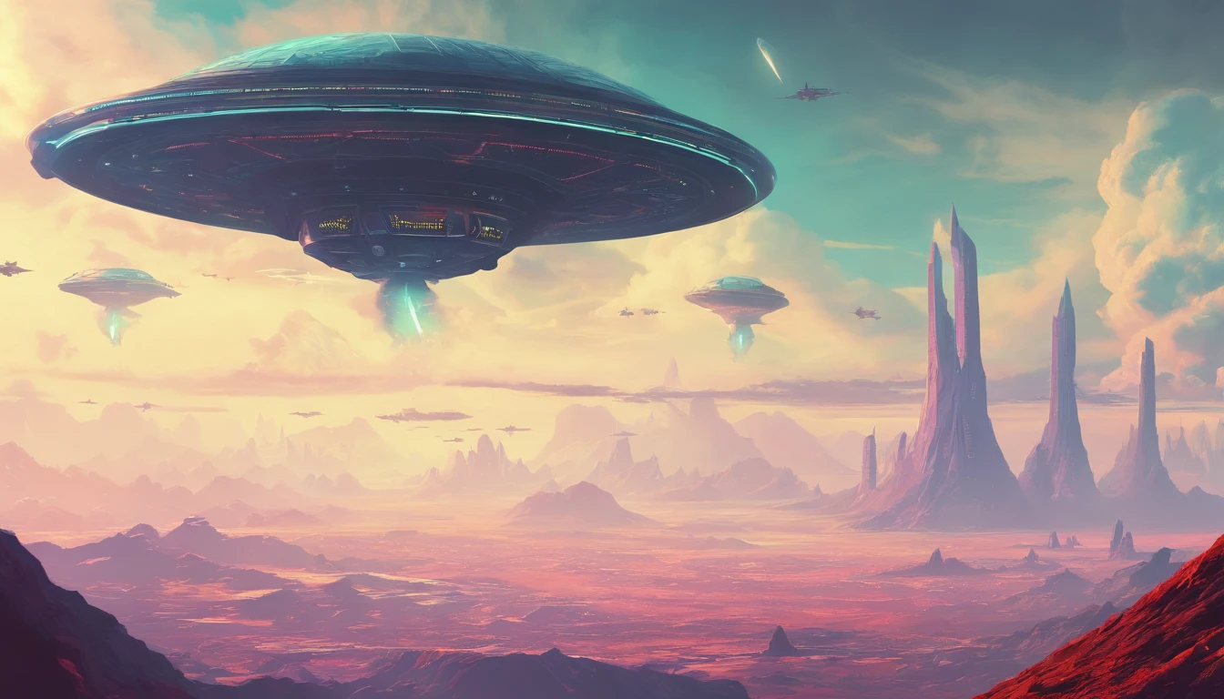 A couple Fighter Spaceship flying over a silhouette of a father and daughter from Vietnam who are standing on a mountain with the wind blowing the daughters hair and the fathers jacket, concept art wallpaper 4k, sci-fi fantasy wallpaper, sci fi artwork, detailed sci-fi art, beautiful sci fi art, spaceships in the cloudy sky, concept art artwork masterpiece, concept art 4k, concept art 4 k, sci fi concept art, mystical sci-fi concept art