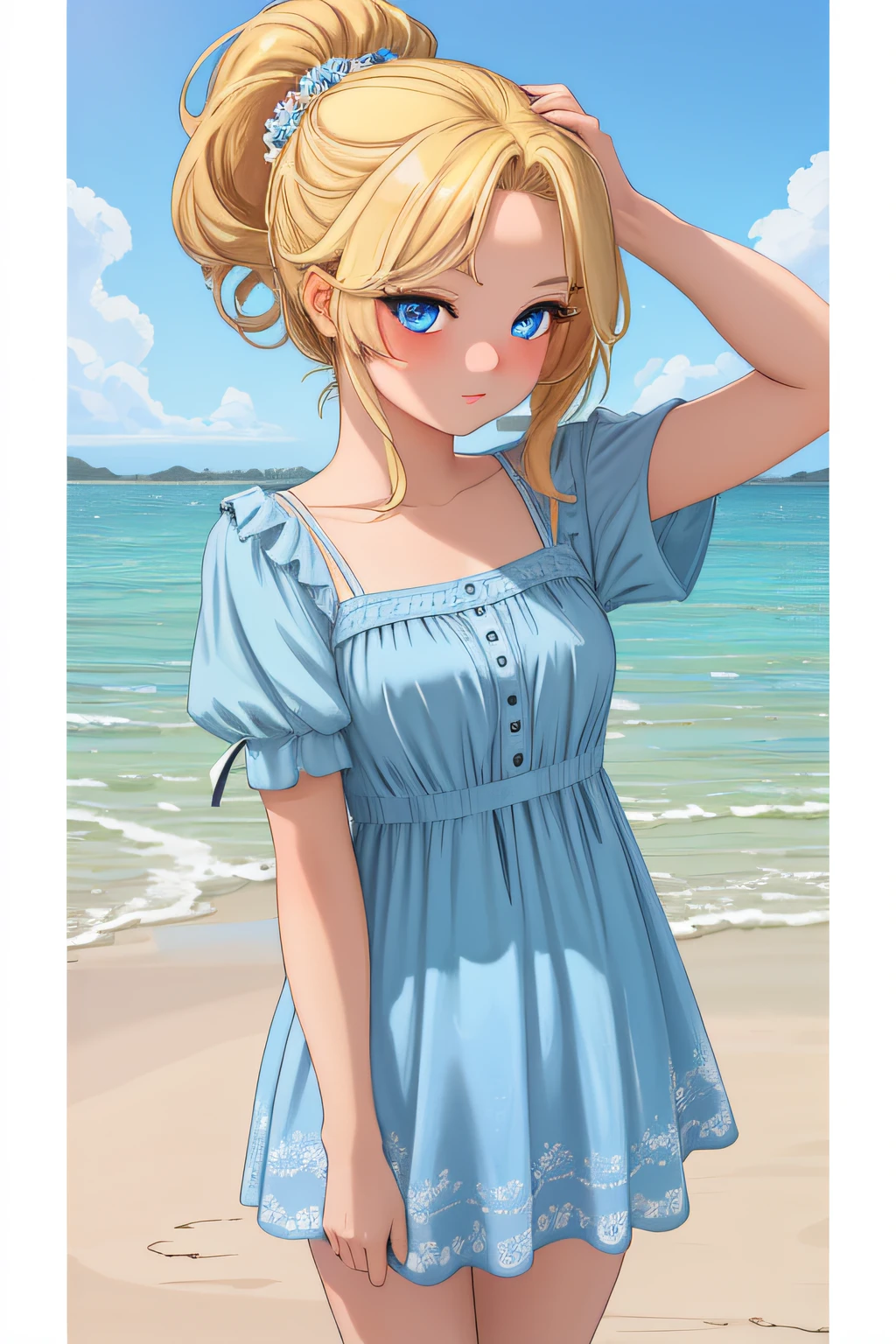 (masterpiece, best quality), 1girl, blonde_hair, detailed_blue_eyes,  summer_dress, beautiful_background