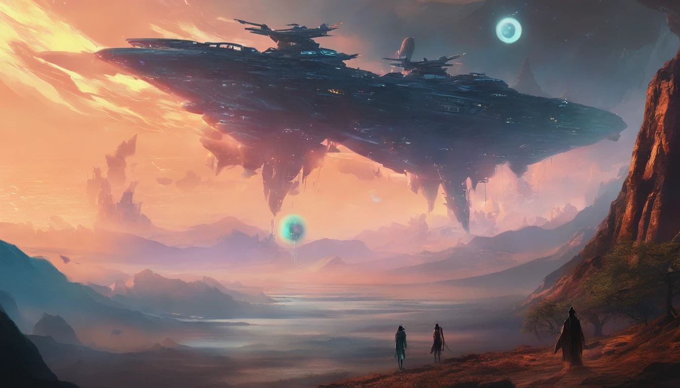 A couple Fighter Spaceship flying over a silhouette of a father and daughter from Vietnam who are standing on a mountain with the wind blowing the daughters hair and the fathers jacket, concept art wallpaper 4k, sci-fi fantasy wallpaper, sci fi artwork, detailed sci-fi art, beautiful sci fi art, spaceships in the cloudy sky, concept art artwork masterpiece, concept art 4k, concept art 4 k, sci fi concept art, mystical sci-fi concept art
