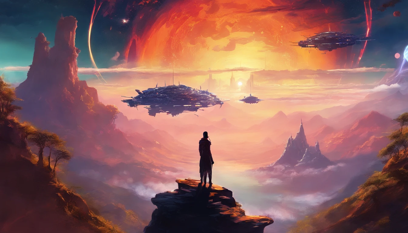 A couple Fighter Spaceship flying over a silhouette of a father and daughter from Vietnam who are standing on a mountain with the wind blowing the daughters hair and the fathers jacket, concept art wallpaper 4k, sci-fi fantasy wallpaper, sci fi artwork, detailed sci-fi art, beautiful sci fi art, spaceships in the cloudy sky, concept art artwork masterpiece, concept art 4k, concept art 4 k, sci fi concept art, mystical sci-fi concept art