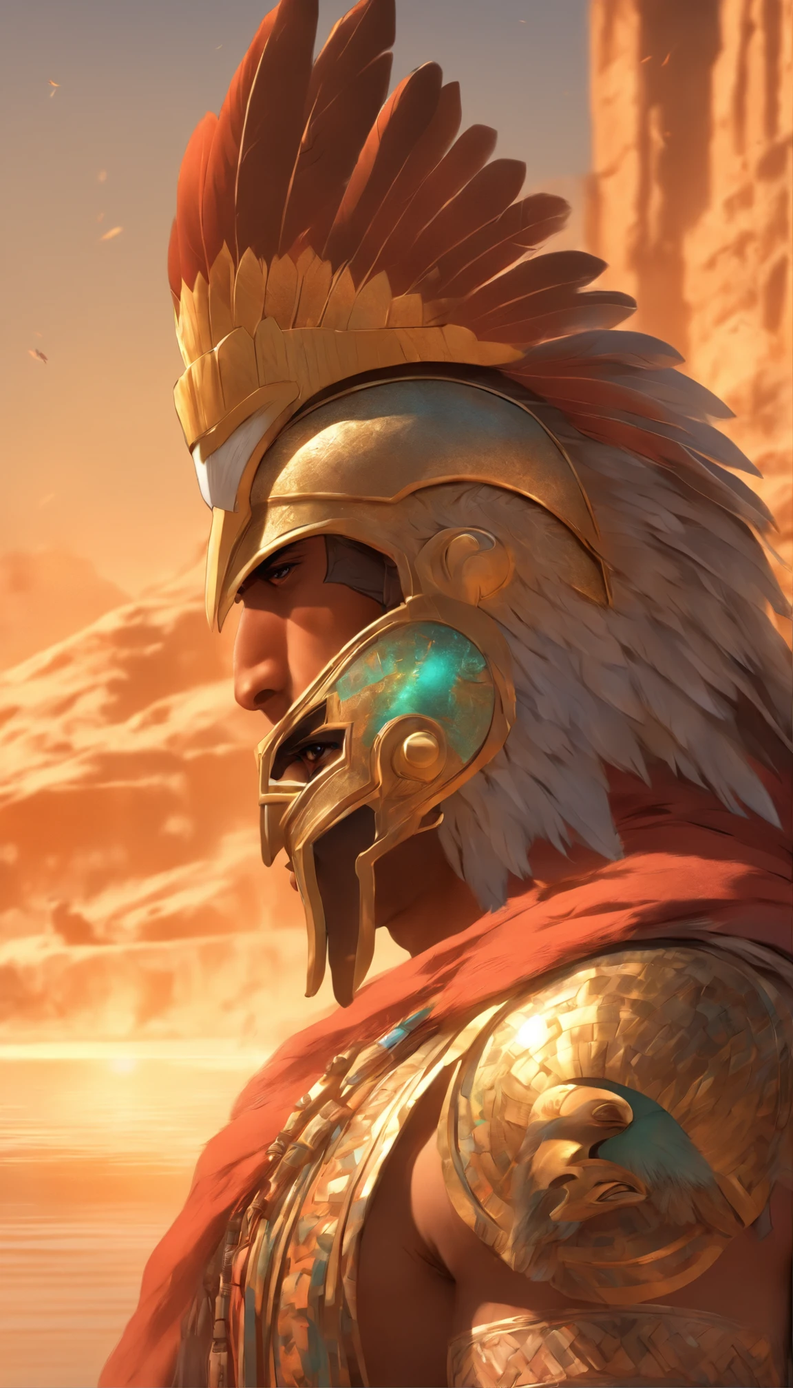 (((Man Body and Falcon Helmet))) La mejor calidad, Ultra-high resolution, CG detallado 4K, Obra maestra, Egyptian mythology,Tuna-Ra, amanecer,Antiguo Egipto, Postura de pie, Bird's head , Ropa blanca, Ropa egipcia, inframundo, corriente, Nile River, Kali, desierto, Antiguo Egipto, ((Falcon Helmet, cuerpo de hombre)), amanecer, esthetic, hermosa imagen, centrado en la pantalla, Postura de pie, Sol naciente