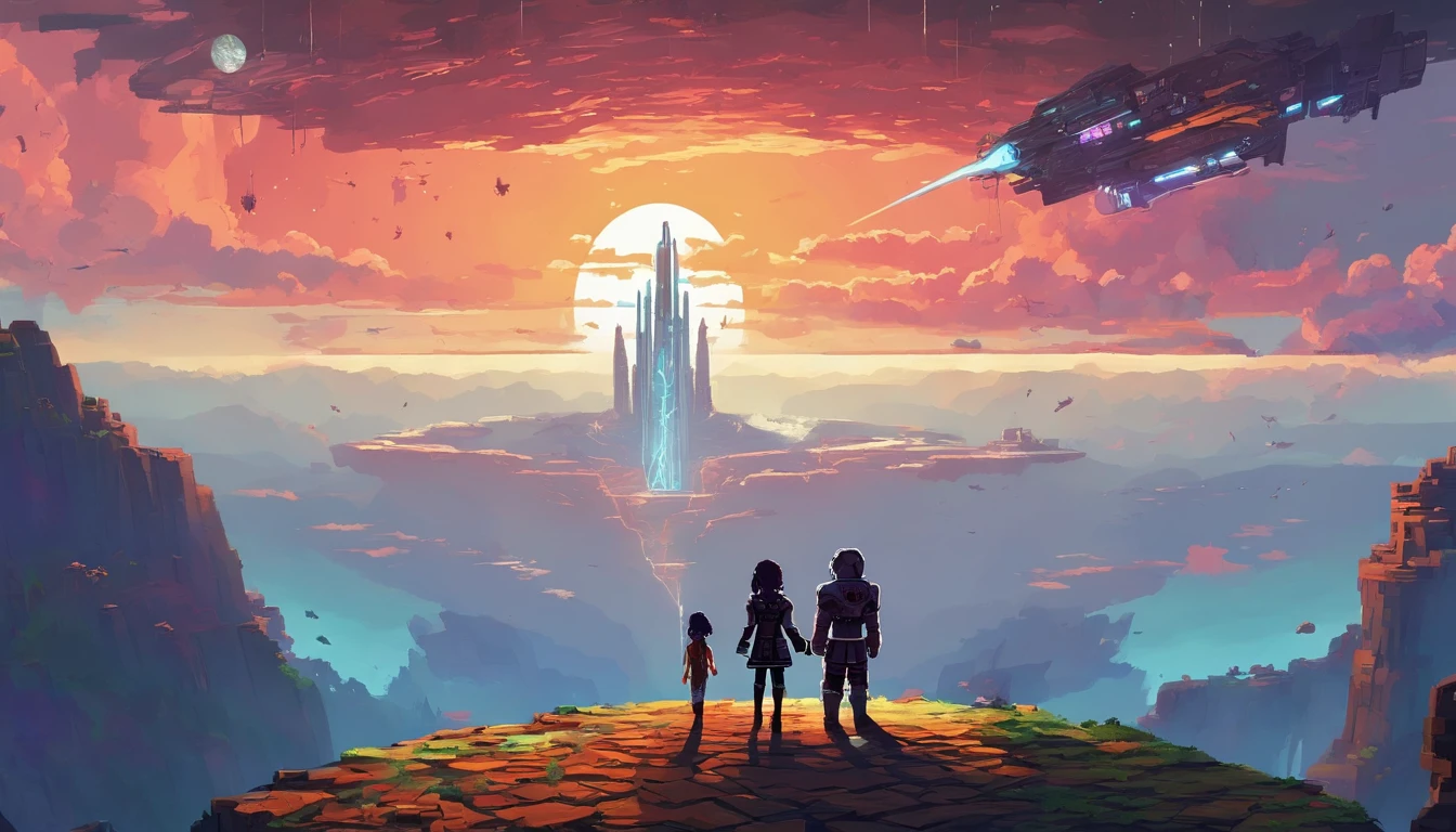 A couple Fighter Spaceship flying over a silhouette of a father and daughter from Vietnam who are standing on a mountain with the wind blowing the daughters hair and the fathers jacket, concept art wallpaper 4k, sci-fi fantasy wallpaper, sci fi artwork, detailed sci-fi art, beautiful sci fi art, spaceships in the cloudy sky, concept art artwork masterpiece, concept art 4k, concept art 4 k, sci fi concept art, mystical sci-fi concept art