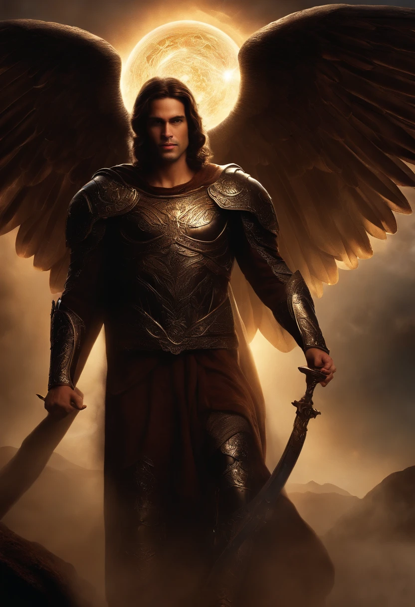 um personagem masculino, anjo olhos vermelhos e um sorriso debochado , imagem celestial, detalhes intricados, realista, asas PRETAS e grandes, fundo angelical, l, Male character of the Bible, Michael is wearing his dark armor , cosmic background, Illumination in the Archangel and in the background, imagem do corpo todo do anjo, Maximum detail and his diabolical face and wings, pele perfeita realista, Maximum image quality,fortes e chamativas. lucifie antes de ser demonio