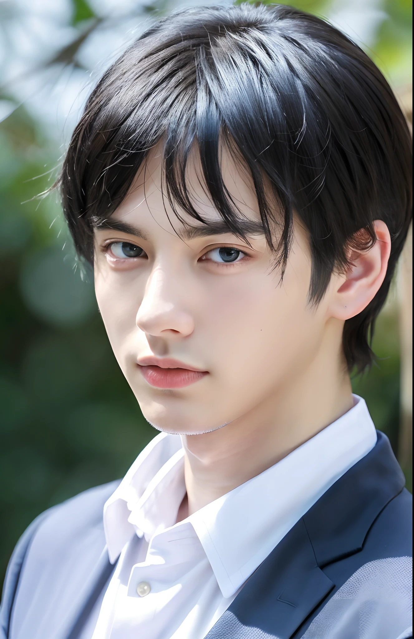 There is a young man 26 years old, has blue eyes, a firm, slightly oriental face, white skin, sturdy body, black hair, staring intently. Similar to novel characters or Korean artists