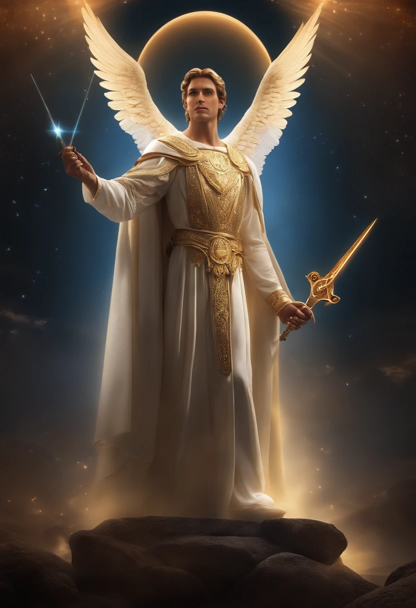 ((1 homem anjo)), cósmic  Archangel Gabriel, ((1 homem)), oLhos cLaros briLhantes, Biomechanicals, beauty face, the God of angels, with a flickering sword in his hands, angel of justice , The most beautiful of angels, cores muito briLhantes, light particles, com Luz briLhante, Mshiff, Arte do papeL de parede, papeL de parede uhd