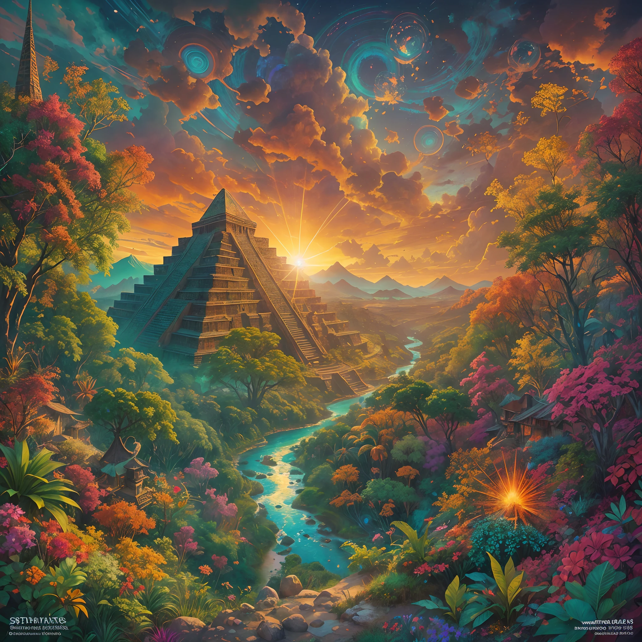 Create a vibrant, otherworldly painting that immerses the viewer in an Aztec-inspired realm. Imagine um denso, Fantastic forest filled with an astonishing variety of vivid vegetation, As the murmuring rivers meander through this lush paradise. In the distance, Montanhas majestosas erguem-se contra o horizonte. In the midst of this surreal scenario, Aztec technicolor pyramids emerge, adornado com fractais hipnotizantes e espirais que parecem pulsar com energia. O sol, sua luz composta por 16k saturadas e cores vibrantes, Hanging in the sky, casting an ethereal glow over the entire scene. Bring intense saturation to life, A complexidade hipnotizante dos fractais, And the feeling of stepping on a vivid, Dreamlike world where reality mixes with the extraordinary.