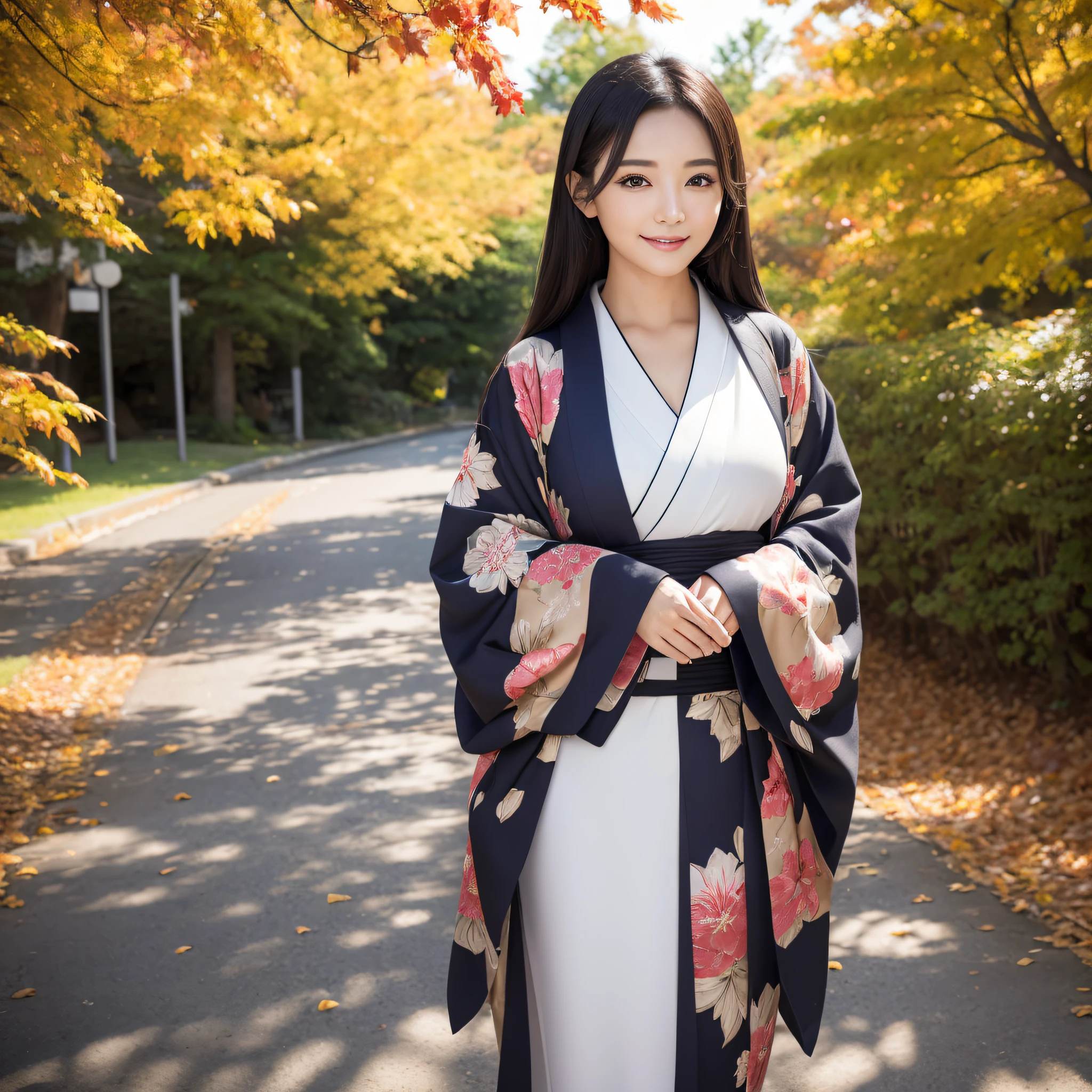 (Super beautiful woman in kimono)、((best qualtiy、8k masterpieces:1.3))、foco nítido:1.2、(ultra beautiful faces:1.0)、(shinny skin:1.0)、photos realistic、A dark-haired、Video Lighting、High-definition eyes and face、Video Lighting、Japanese actressl、from the front side、medium breasts、With a happy smile、wearing kimonos、Under the autumn leaves、
