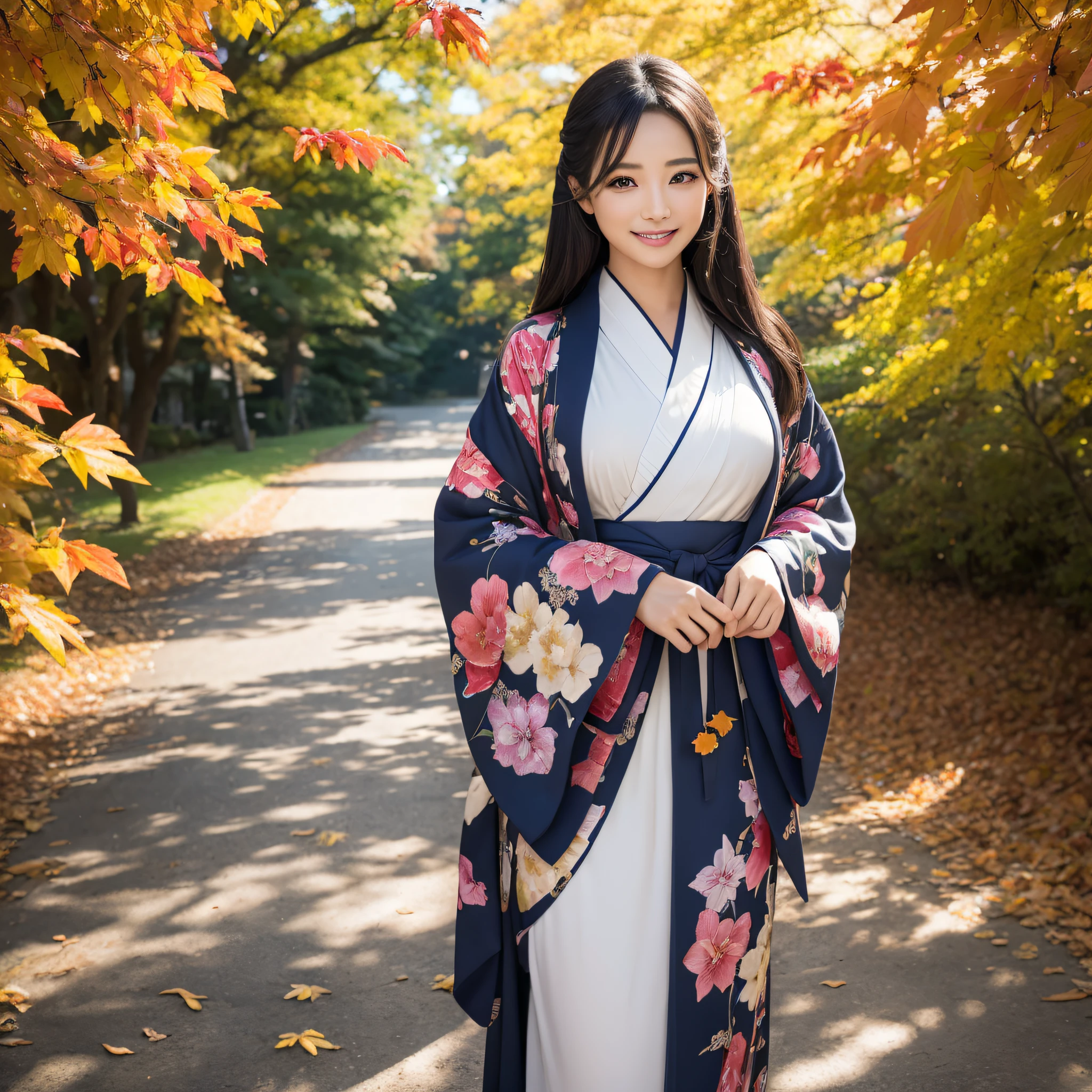 (Super beautiful woman in kimono)、((best qualtiy、8k masterpieces:1.3))、foco nítido:1.2、(ultra beautiful faces:1.0)、(shinny skin:1.0)、photos realistic、A dark-haired、Video Lighting、High-definition eyes and face、Video Lighting、Japanese actressl、from the front side、medium breasts、With a happy smile、wearing kimonos、Under the autumn leaves、