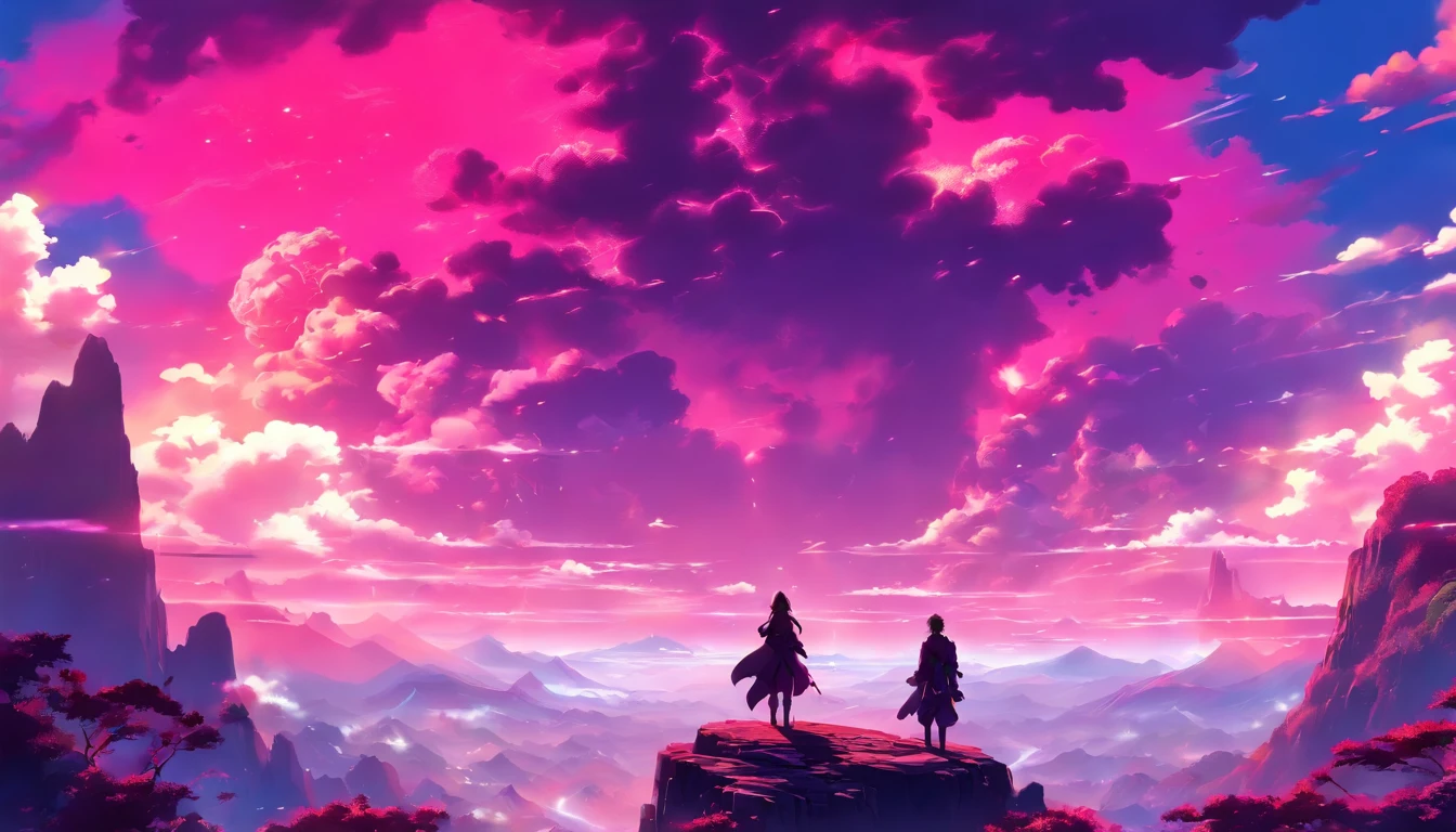 A couple Fighter Spaceship flying over a silhouette of a father and daughter from Vietnam who are standing on a mountain with the wind blowing the daughters hair and the fathers jacket, concept art wallpaper 4k, sci-fi fantasy wallpaper, sci fi artwork, detailed sci-fi art, beautiful sci fi art, spaceships in the cloudy sky, concept art artwork masterpiece, concept art 4k, concept art 4 k, sci fi concept art, mystical sci-fi concept art