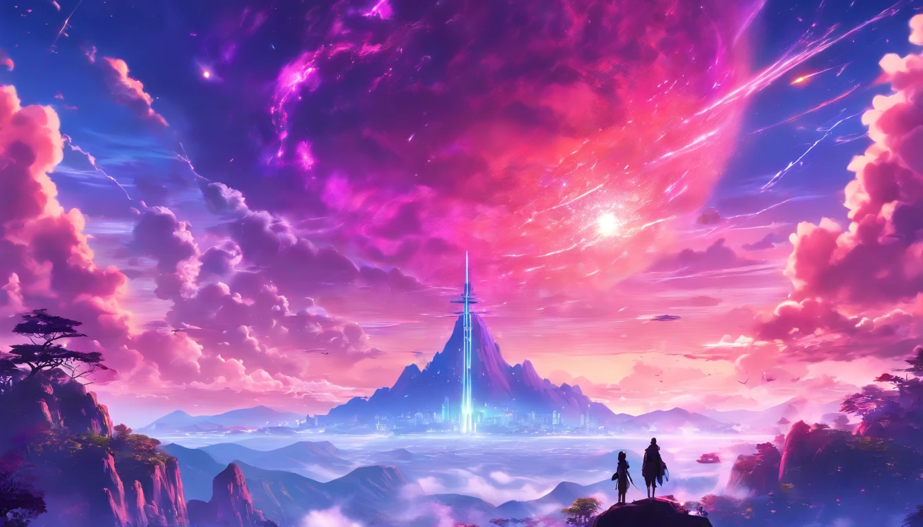 A couple Fighter Spaceship flying over a silhouette of a father and daughter from Vietnam who are standing on a mountain with the wind blowing the daughters hair and the fathers jacket, concept art wallpaper 4k, sci-fi fantasy wallpaper, sci fi artwork, detailed sci-fi art, beautiful sci fi art, spaceships in the cloudy sky, concept art artwork masterpiece, concept art 4k, concept art 4 k, sci fi concept art, mystical sci-fi concept art