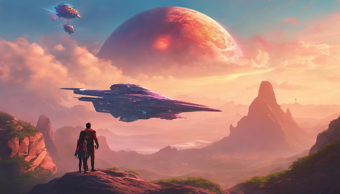 A couple Fighter Spaceship flying over a silhouette of a father and daughter from Vietnam who are standing on a mountain with the wind blowing the daughters hair and the fathers jacket, concept art wallpaper 4k, sci-fi fantasy wallpaper, sci fi artwork, detailed sci-fi art, beautiful sci fi art, spaceships in the cloudy sky, concept art artwork masterpiece, concept art 4k, concept art 4 k, sci fi concept art, mystical sci-fi concept art