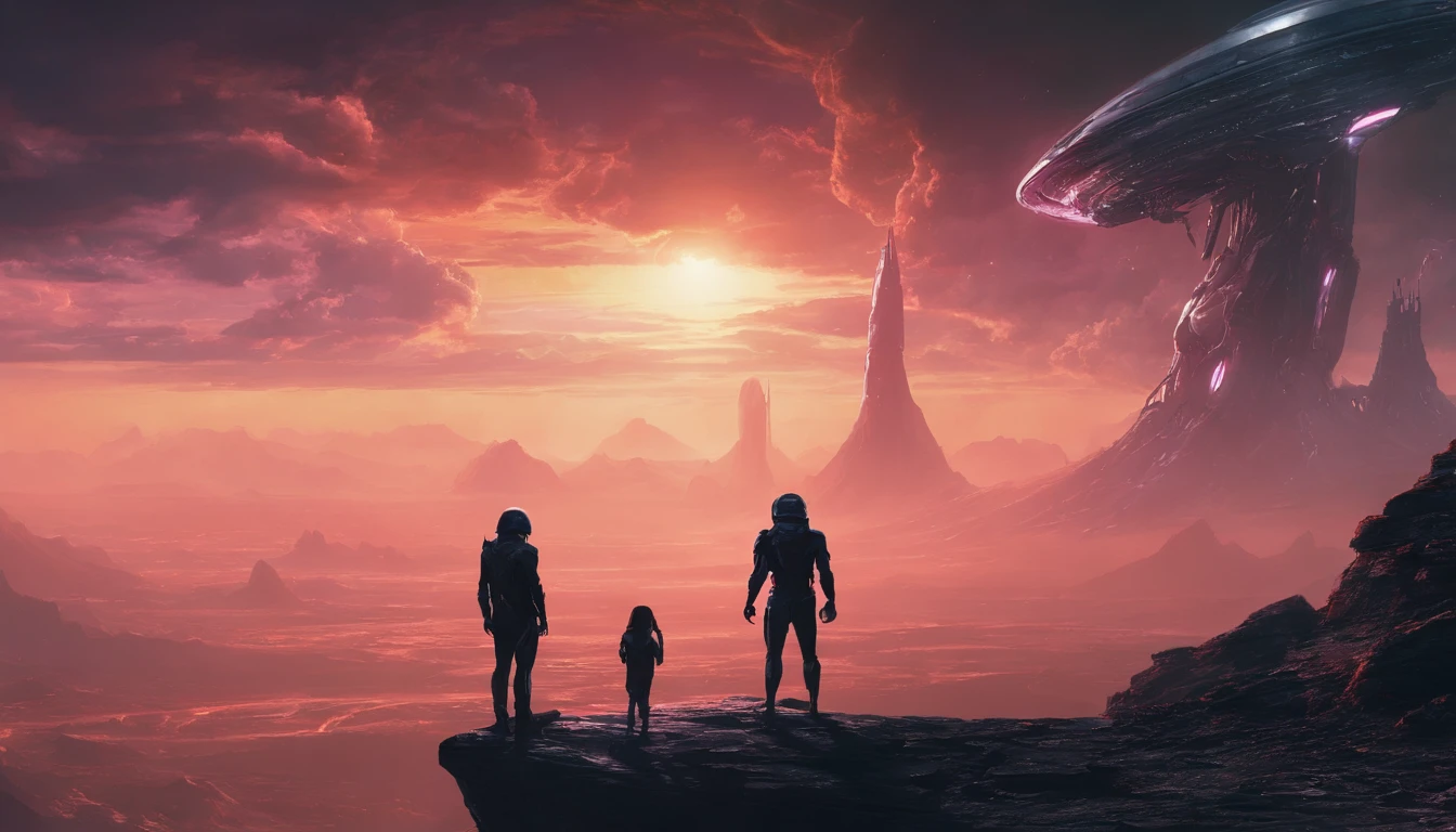 A couple Fighter Spaceship flying over a silhouette of a father and daughter from Vietnam who are standing on a mountain with the wind blowing the daughters hair and the fathers jacket, concept art wallpaper 4k, sci-fi fantasy wallpaper, sci fi artwork, detailed sci-fi art, beautiful sci fi art, spaceships in the cloudy sky, concept art artwork masterpiece, concept art 4k, concept art 4 k, sci fi concept art, mystical sci-fi concept art
