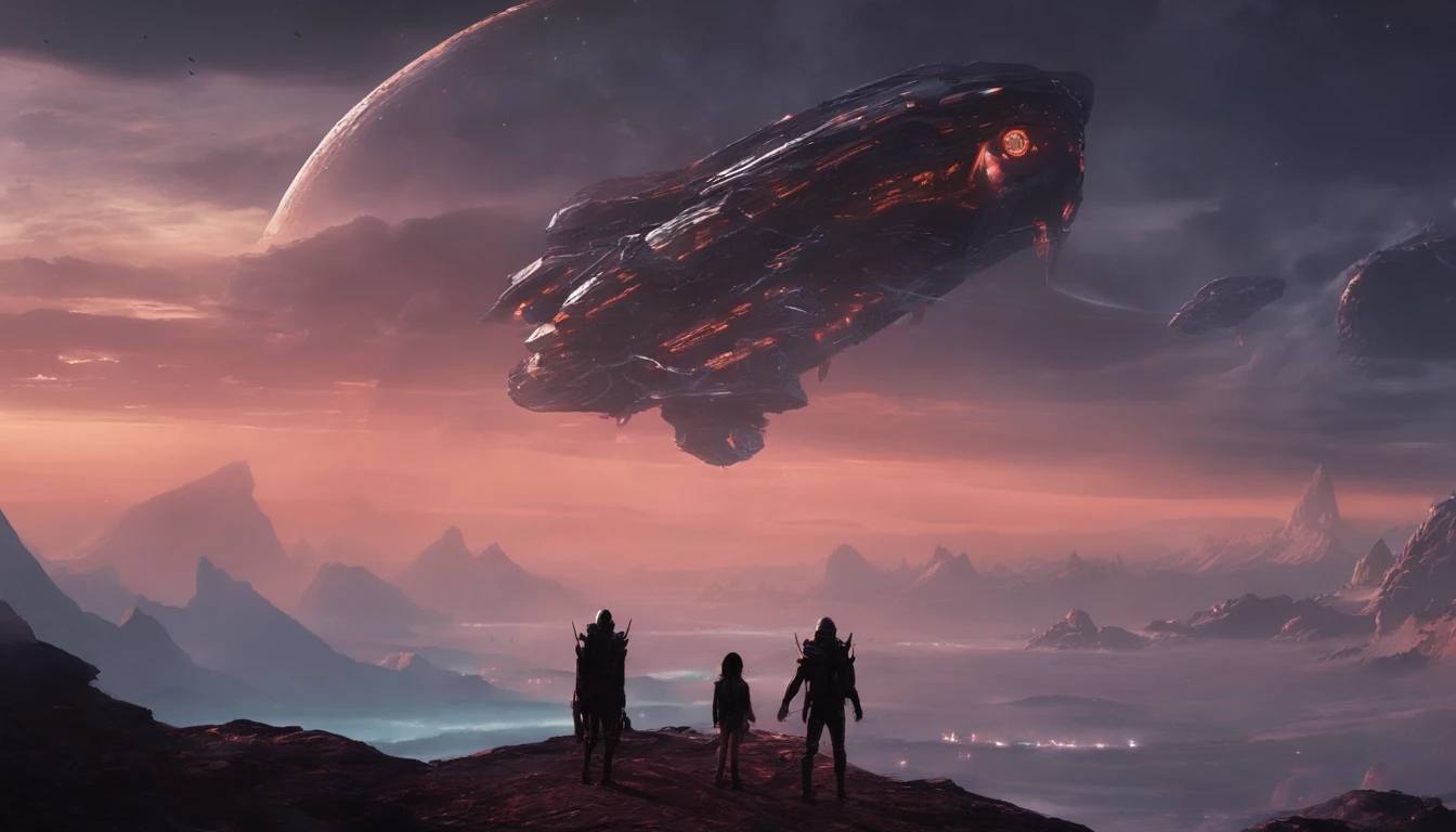 A couple Fighter Spaceship flying over a silhouette of a father and daughter from Vietnam who are standing on a mountain with the wind blowing the daughters hair and the fathers jacket, concept art wallpaper 4k, sci-fi fantasy wallpaper, sci fi artwork, detailed sci-fi art, beautiful sci fi art, spaceships in the cloudy sky, concept art artwork masterpiece, concept art 4k, concept art 4 k, sci fi concept art, mystical sci-fi concept art