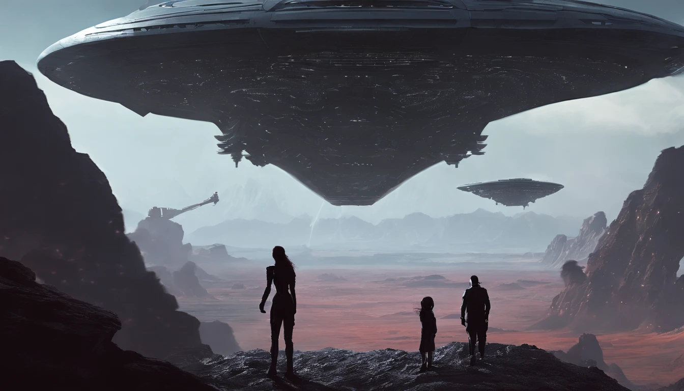 A couple Fighter Spaceship flying over a silhouette of a father and daughter from Vietnam who are standing on a mountain with the wind blowing the daughters hair and the fathers jacket, concept art wallpaper 4k, sci-fi fantasy wallpaper, sci fi artwork, detailed sci-fi art, beautiful sci fi art, spaceships in the cloudy sky, concept art artwork masterpiece, concept art 4k, concept art 4 k, sci fi concept art, mystical sci-fi concept art