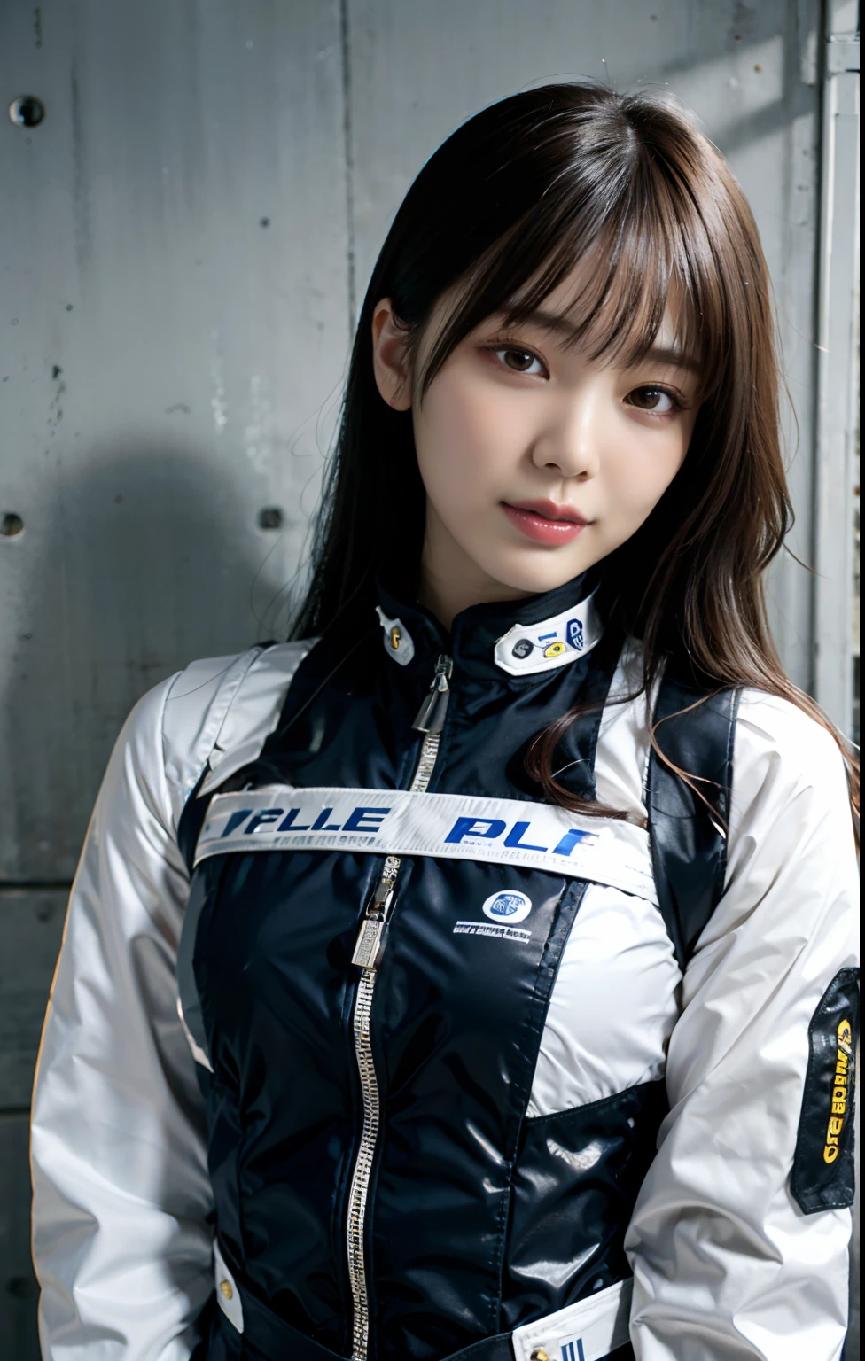 Highest image quality, outstanding details, ultra-high resolution, (realism: 1.4), the best illustration, favor details, highly condensed 1girl, with a delicate and beautiful face, ((cowboy shot)), (wearing warm racing suit likes police uniform, black and gray mecha, military harness, holding a machinegun), background grey wall,